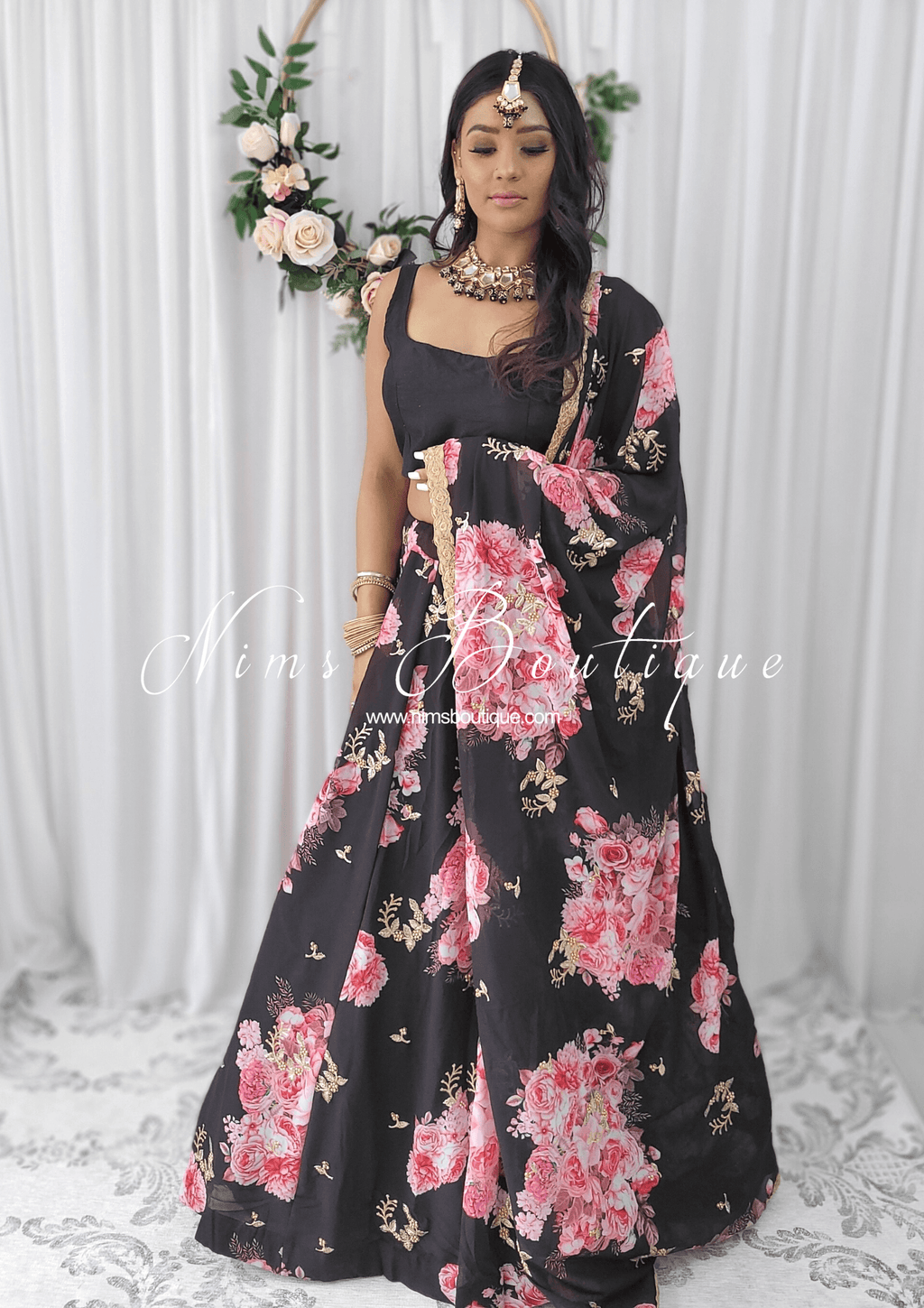 Nims Boutique La Floraison Black Georgette Floral readymade skirt/lehnga sizes 4-24