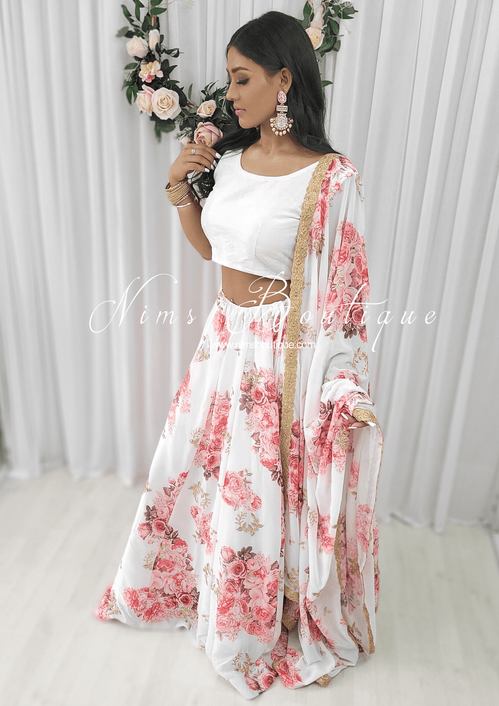 Nims Boutique La Floraison Ivory Georgette Floral readymade skirt/lehnga sizes 4-26