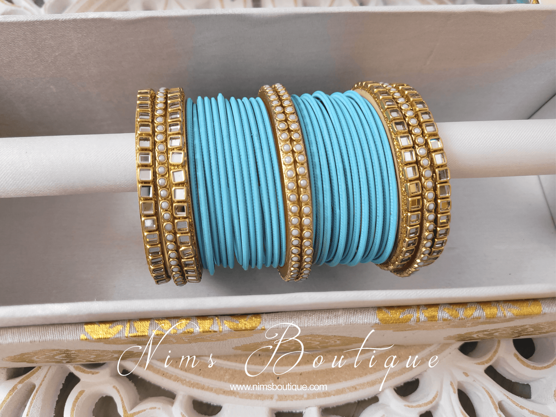 Nims Boutique Sky Blue & Kundan Set of Bangles SB1