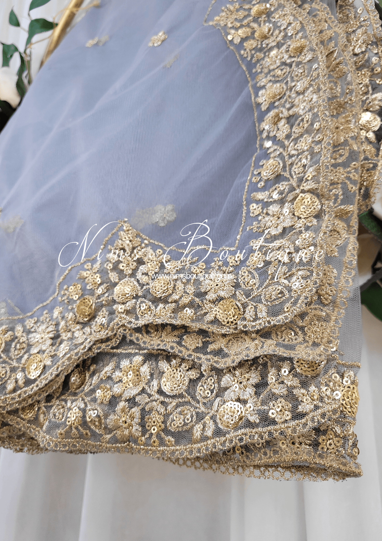 Nims Boutique Luxury Grey Net Sequin Scallop Edge Dupatta/Chunni SE1