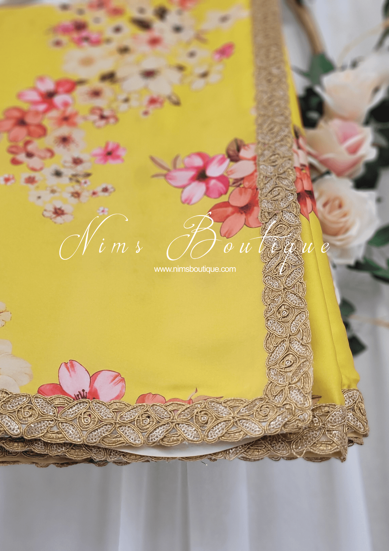 Nims Boutique La Floraison Yellow Floral Satin Saree