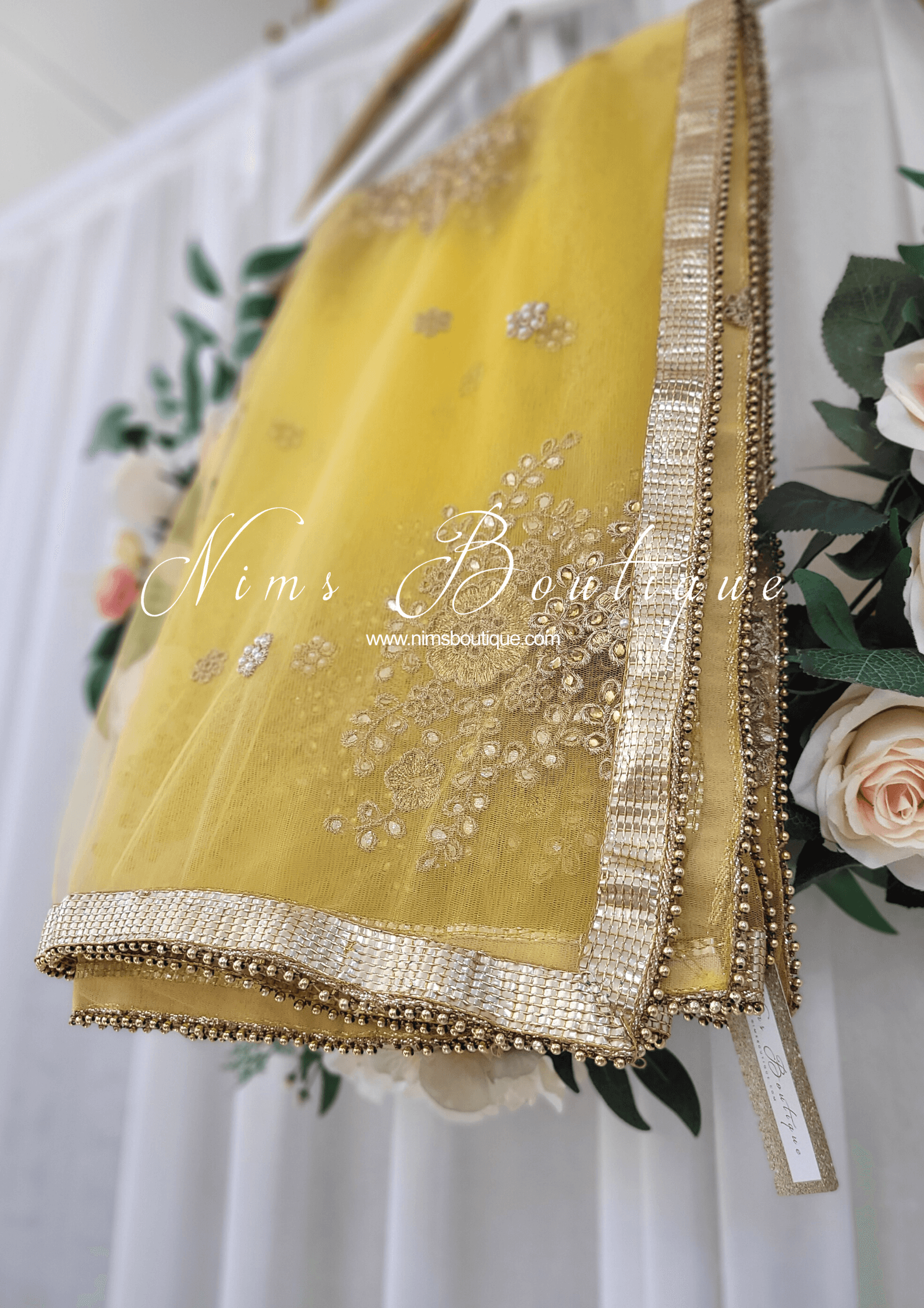Nims Boutique Yellow Net Pearl Embellished Dupatta/Chunni NP4