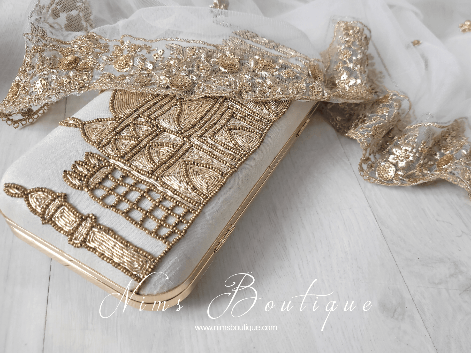Nims Boutique Taj Cream Raw Silk Clutch Bag