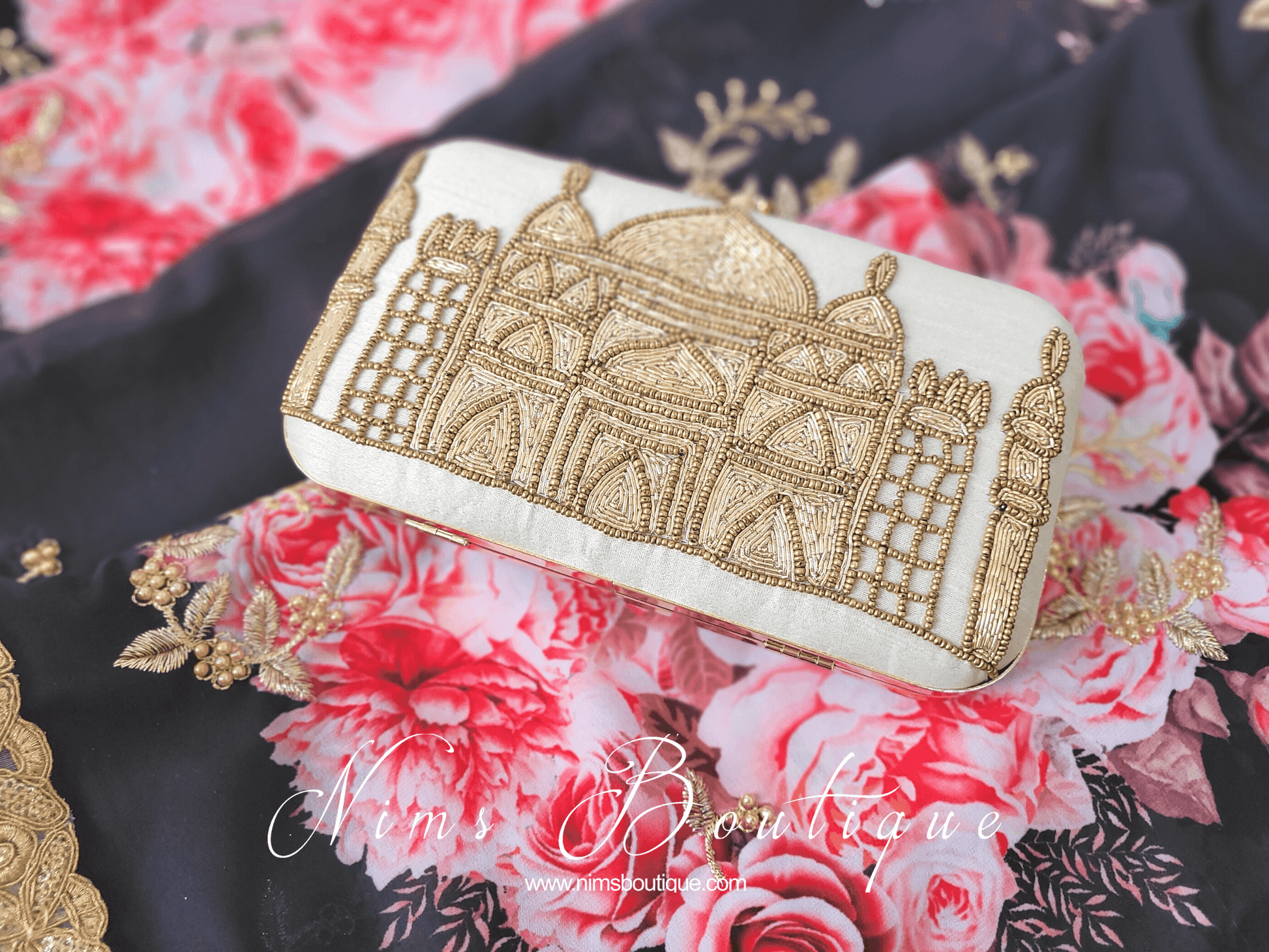 Nims Boutique Taj Cream Raw Silk Clutch Bag