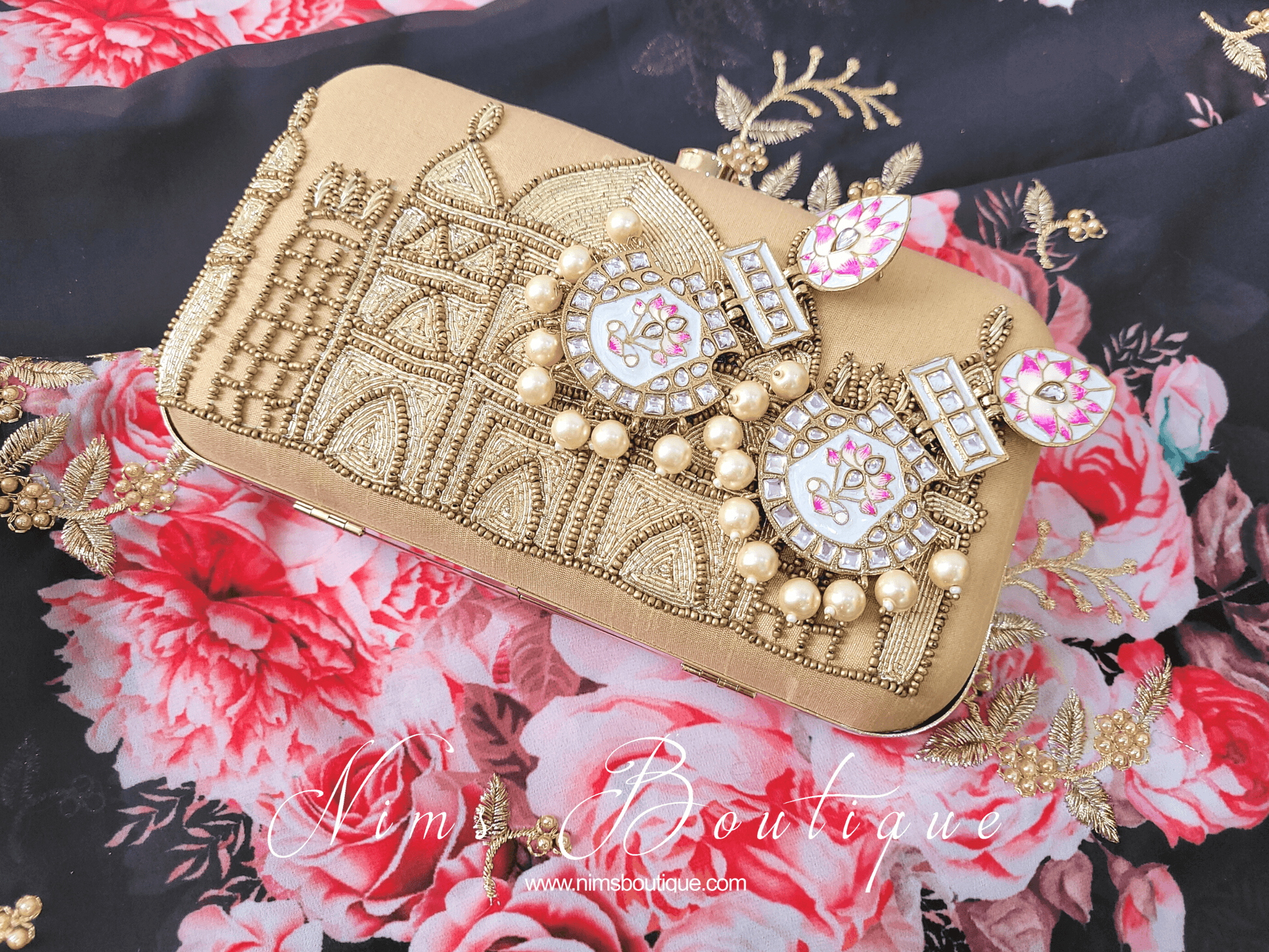Nims Boutique Taj Gold Raw Silk Clutch Bag