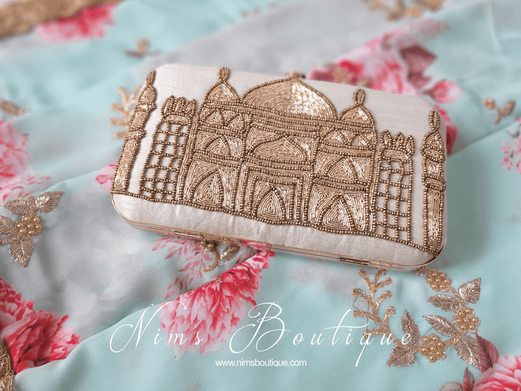 Nims Boutique Taj Cream Raw Silk Clutch Bag