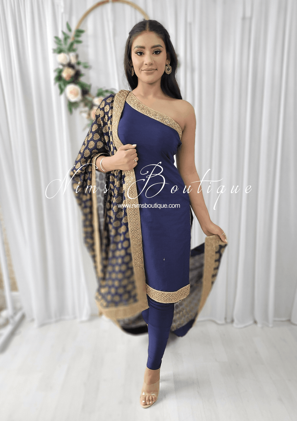 Nims Boutique One Shoulder Silk Navy Pajami Suit sizes 4-16