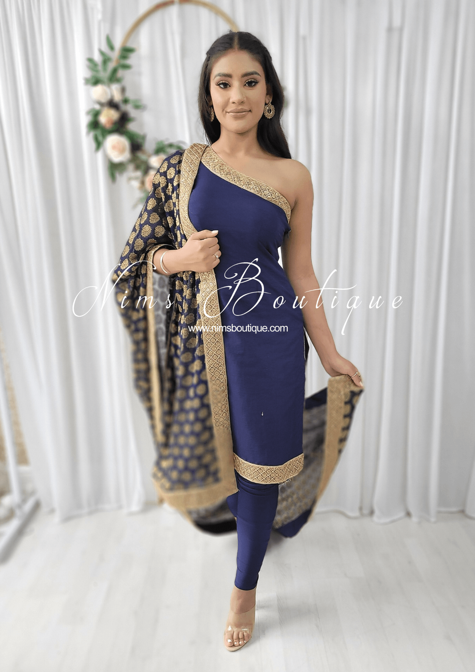 Nims Boutique One Shoulder Silk Navy Pajami Suit sizes 4-16