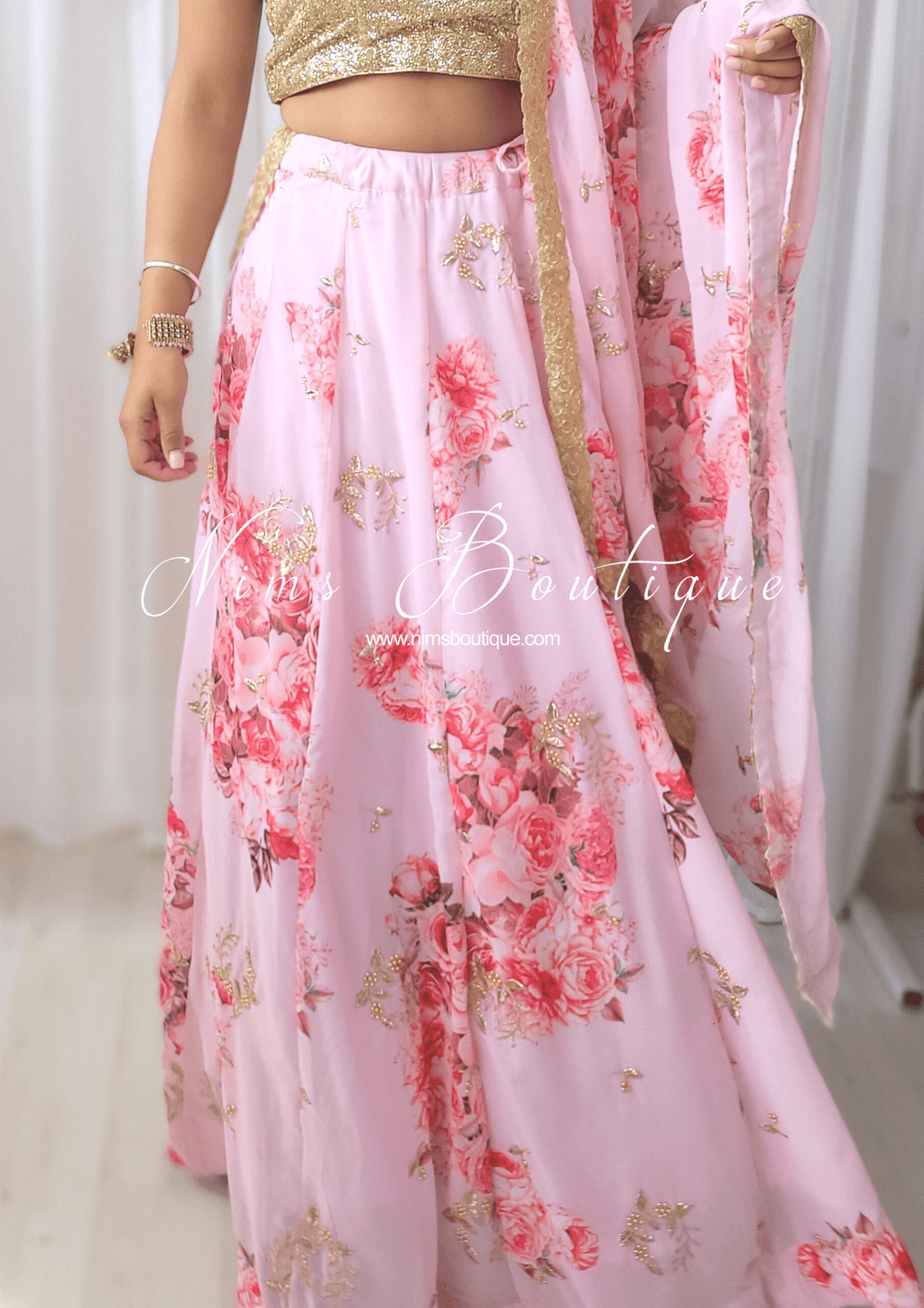 Nims Boutique La Floraison Pink Georgette Floral readymade skirt/lehnga sizes 4-24