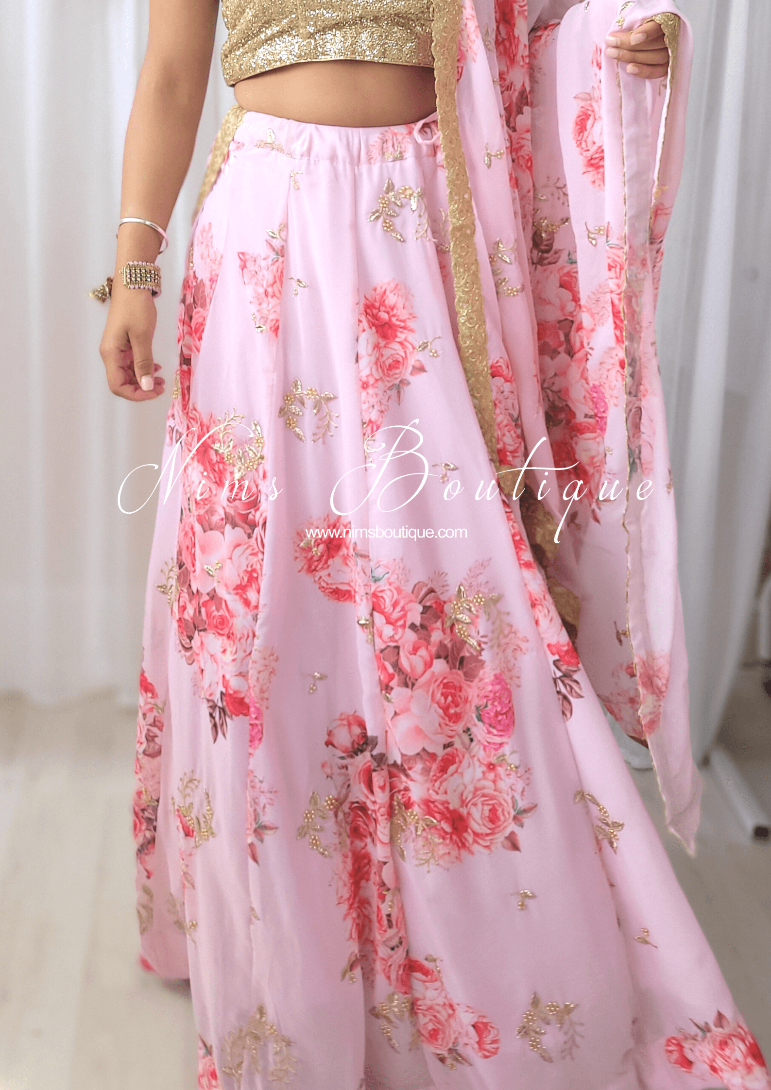 Nims Boutique La Floraison Pink Georgette Floral readymade skirt/lehnga sizes 4-24