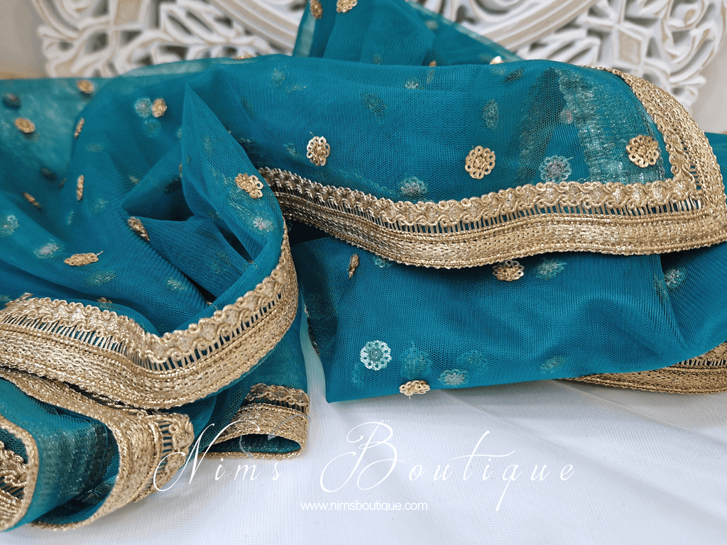 Nims Boutique Luxury Peacock Green Net Sequin Dupatta/Chunni LNS12