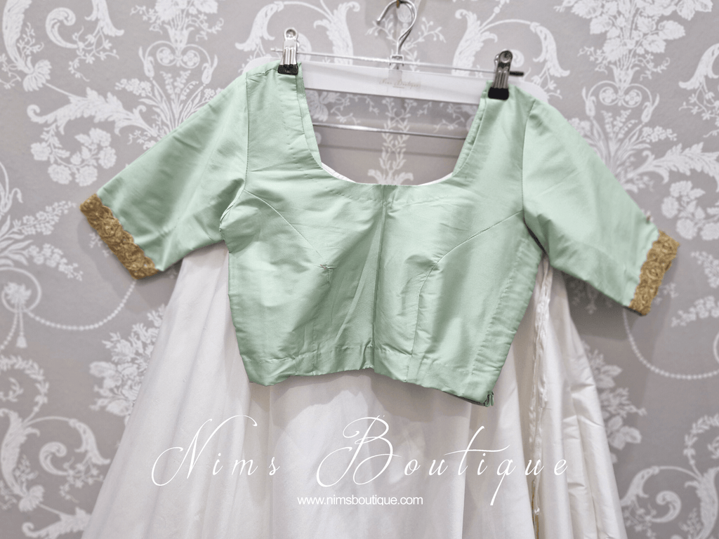 Nims Boutique Mint Pure Silk Scoop Neck Blouse with sleeves, gold edging size 4-20