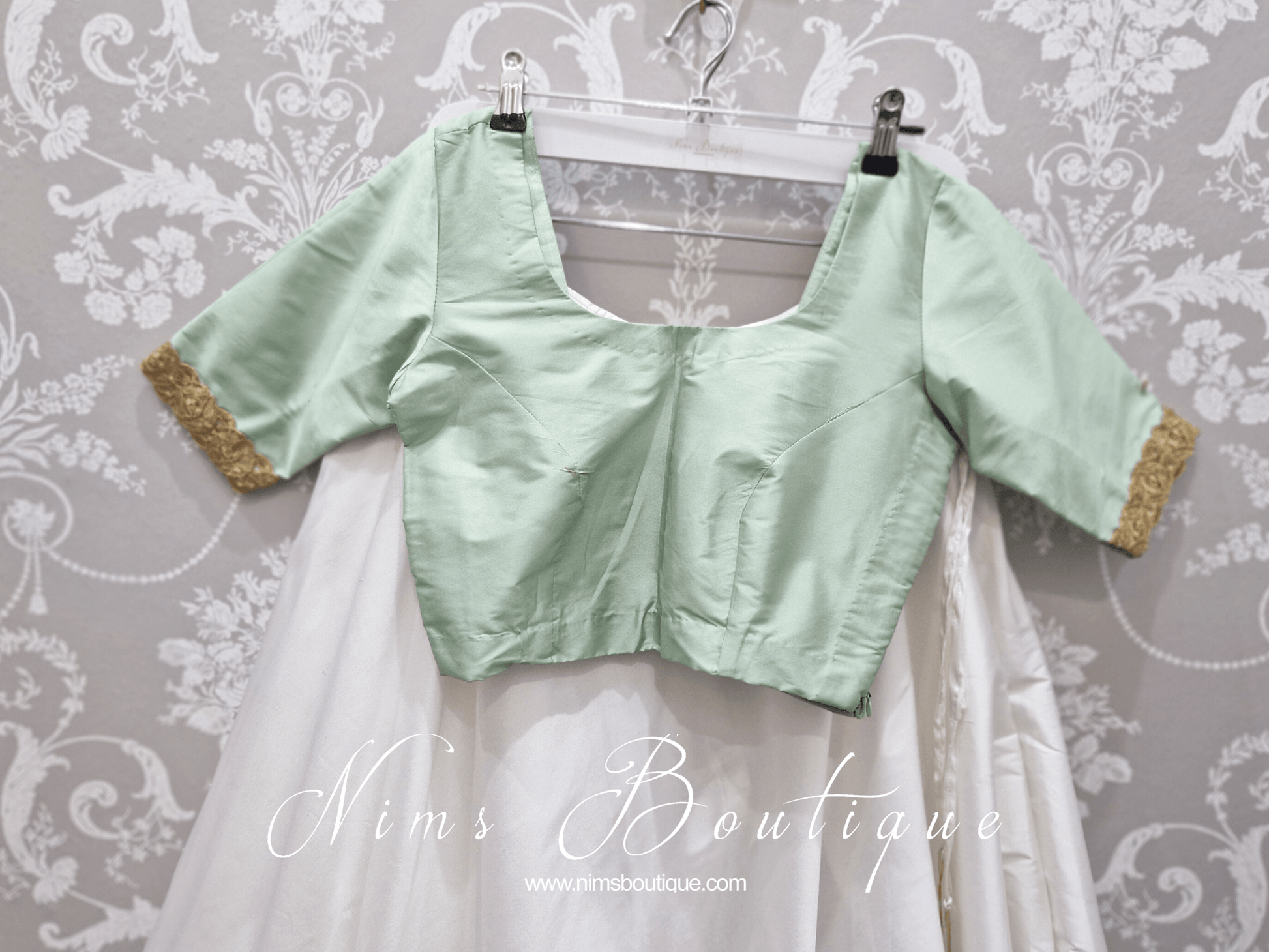 Nims Boutique Mint Pure Silk Scoop Neck Blouse with sleeves, gold edging size 4-20