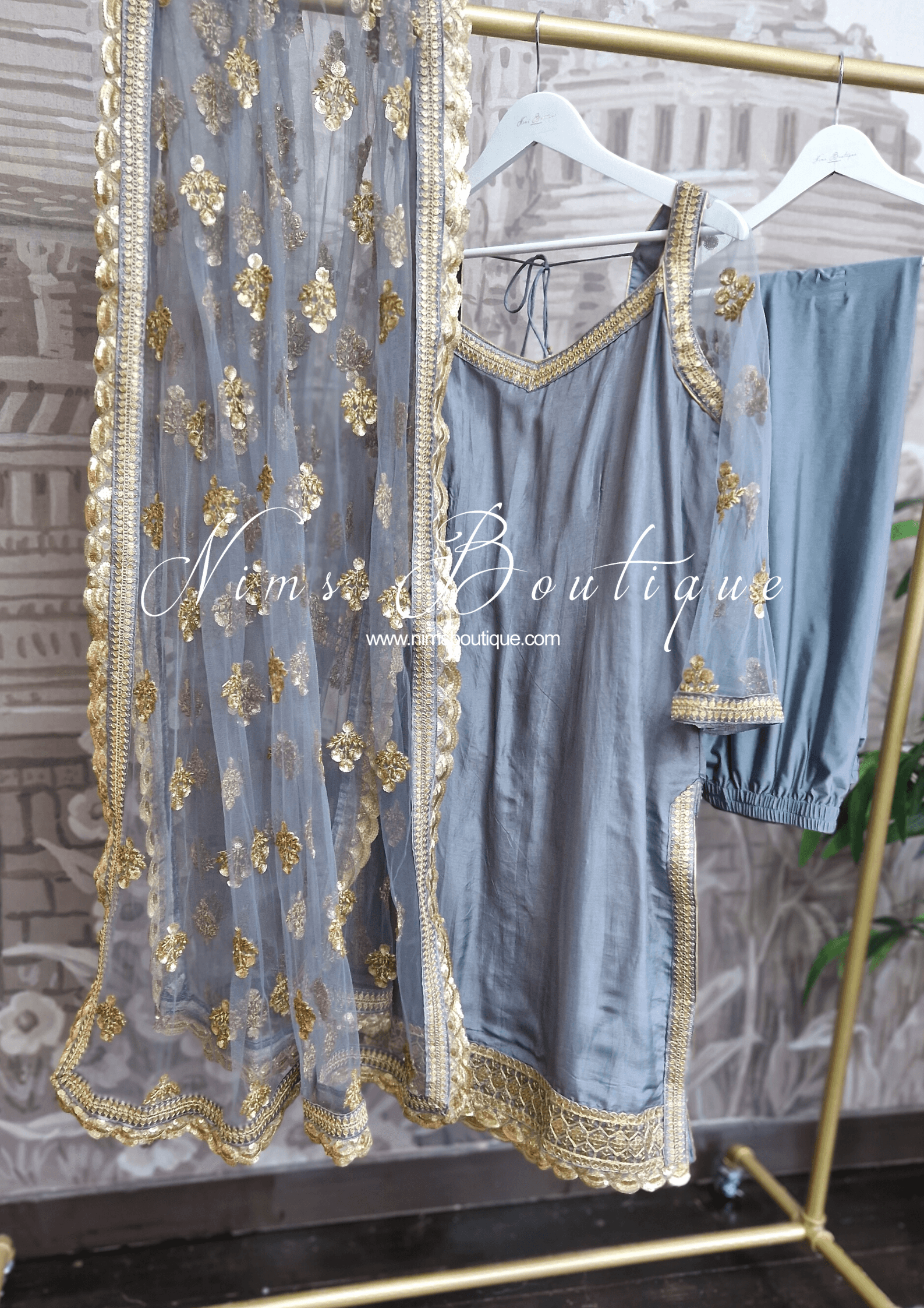 Nims Boutique The NB Classic Long Sleeved Grey Silk Pajami Suit sizes 14 to 22