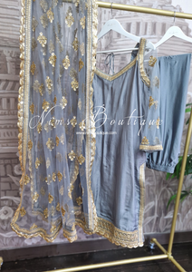 Long Sleeved Grey Silk Pajami Suit (sizes 14 to 22)