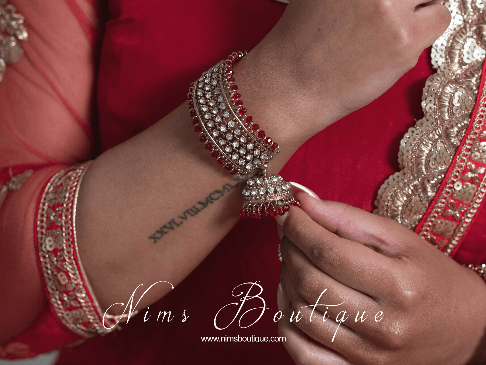 Nims Boutique Red & Clear stone Royal Bracelet with chumka