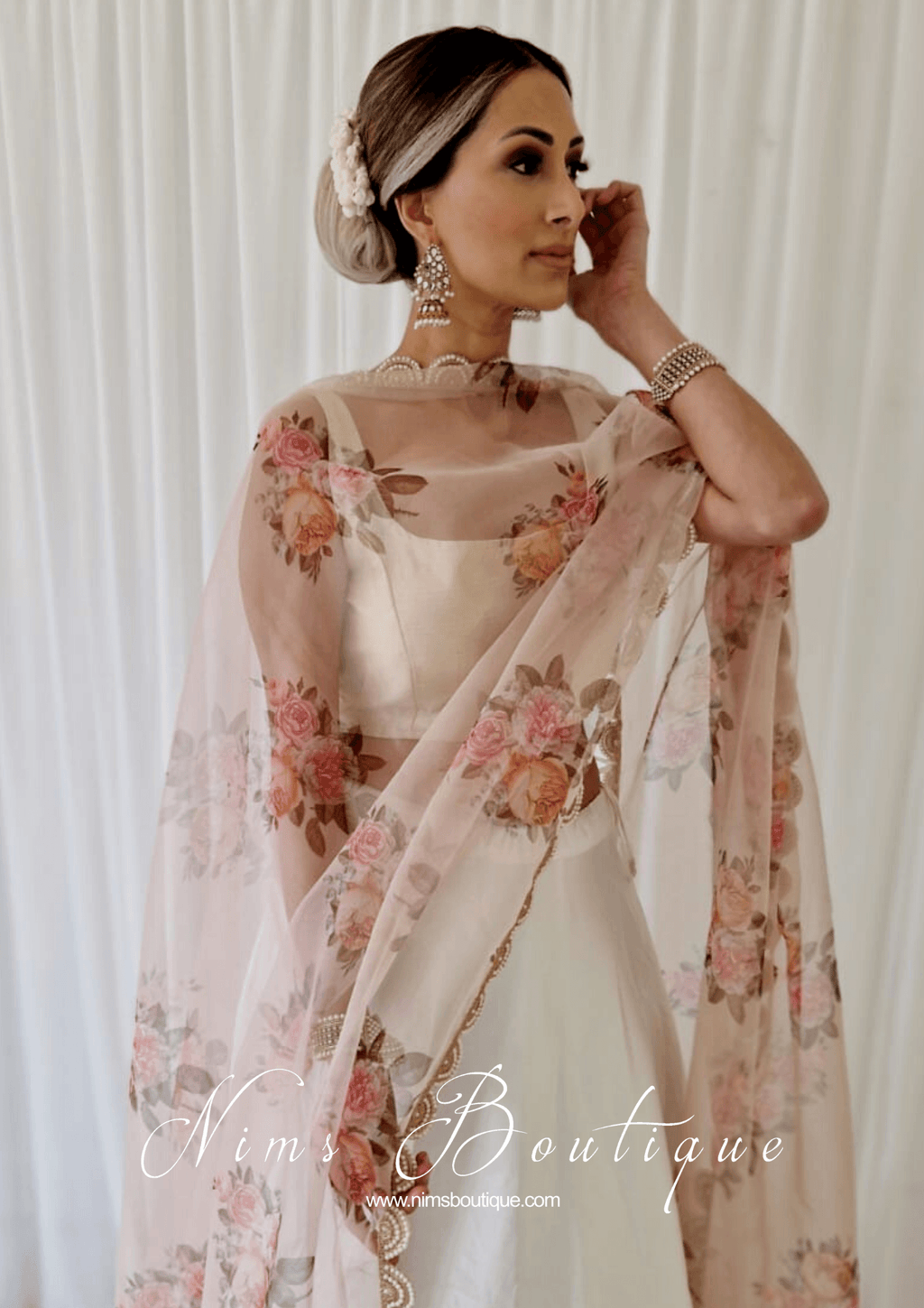 Nims Boutique Dusky Peach Organza Floral Dupatta/Chunni with Luxury Pearl Edging
