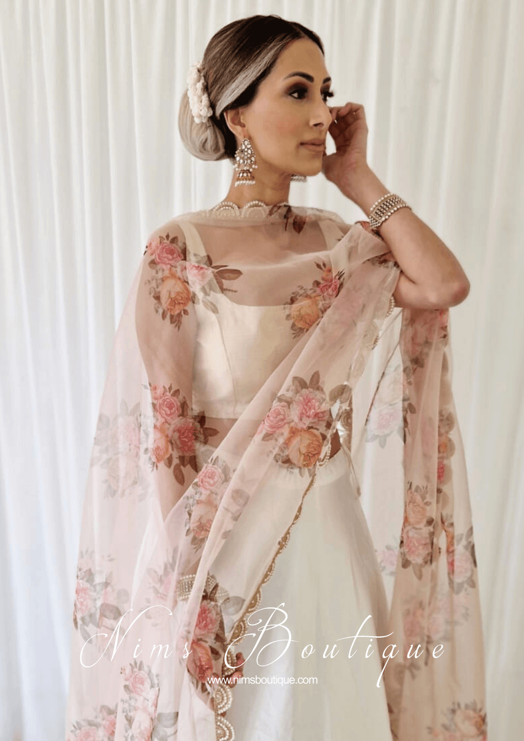 Nims Boutique Dusky Peach Organza Floral Dupatta/Chunni with Luxury Pearl Edging