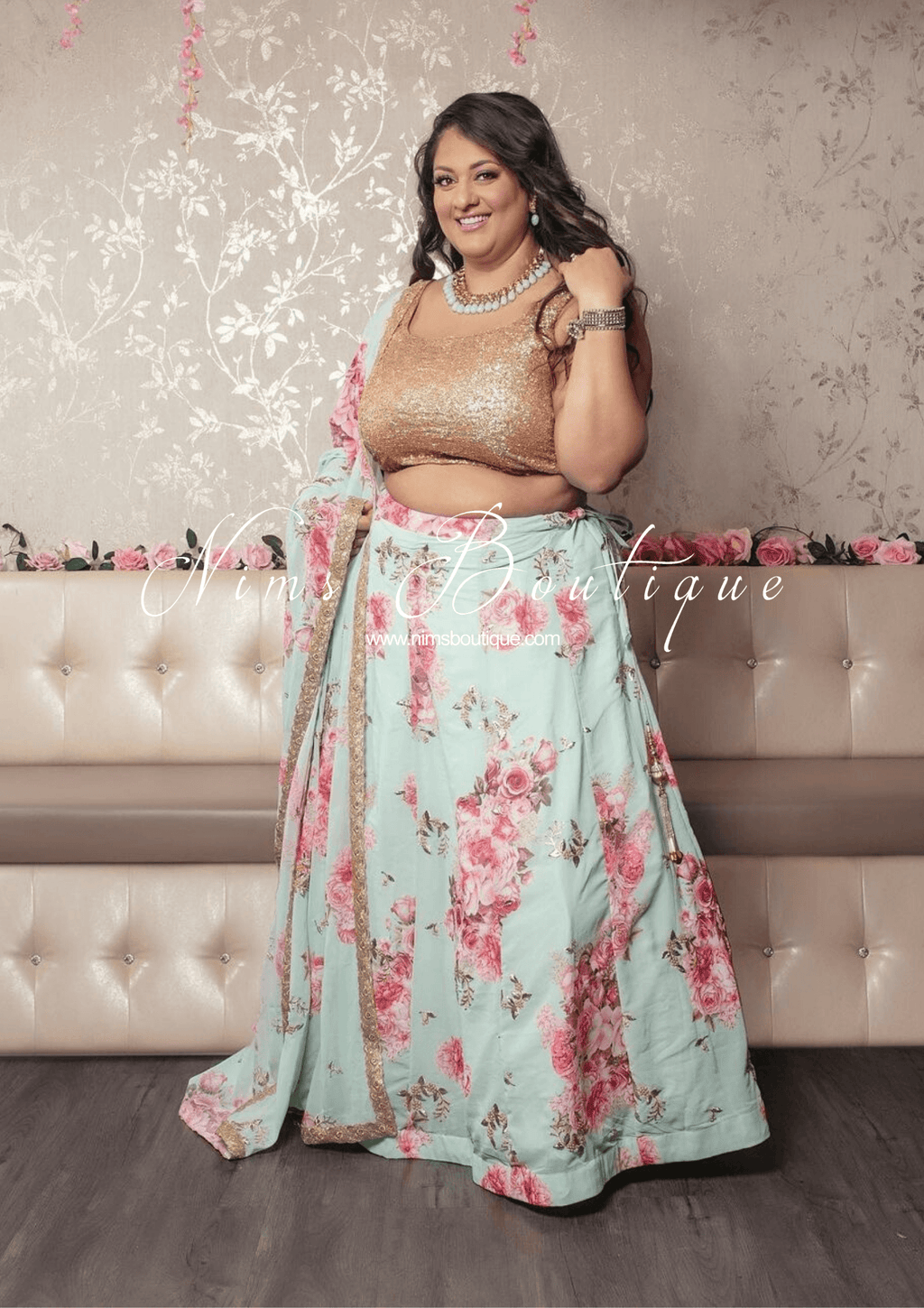 Nims Boutique La Floraison Mint Georgette Floral readymade skirt/lehnga sizes 4-26