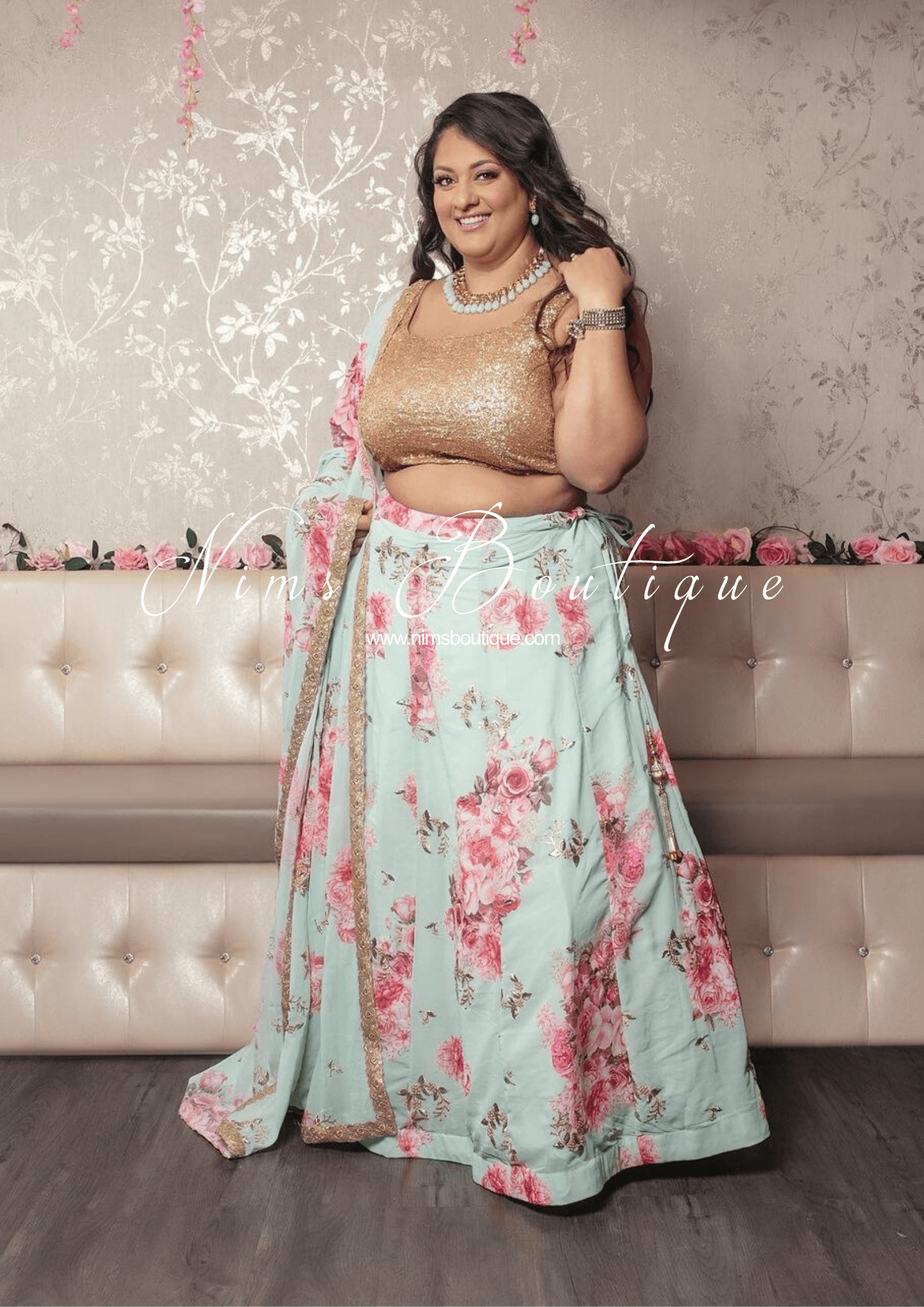 Nims Boutique La Floraison Mint Georgette Floral readymade skirt/lehnga sizes 4-26