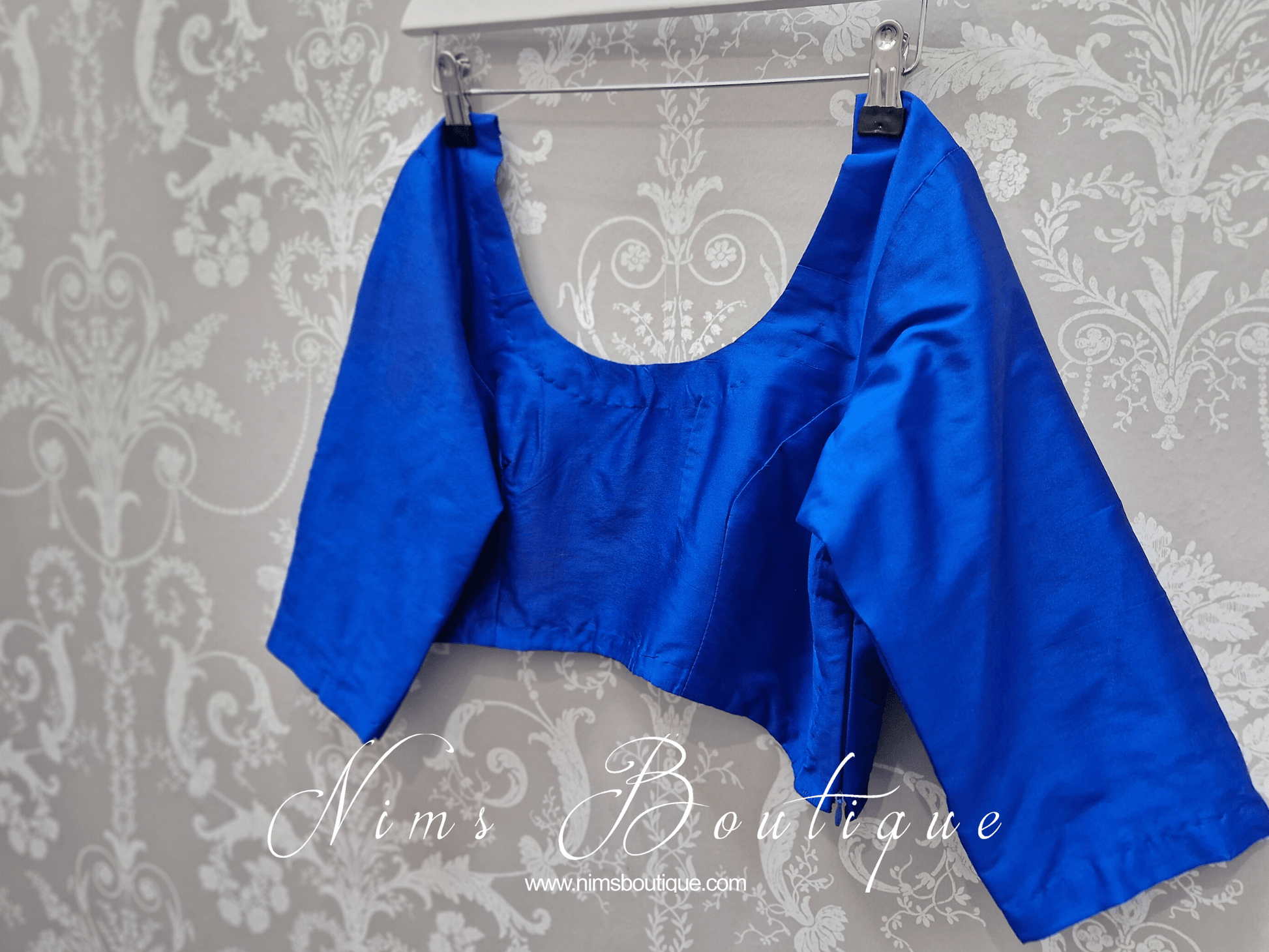 Nims Boutique Royal Blue Pure Silk Scoop Neck Blouse with sleeves size 8-24