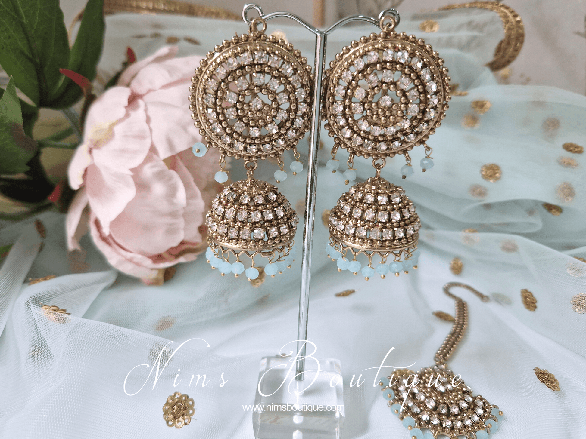 Nims Boutique Royal Antique Gold & Light Blue Tikka Set