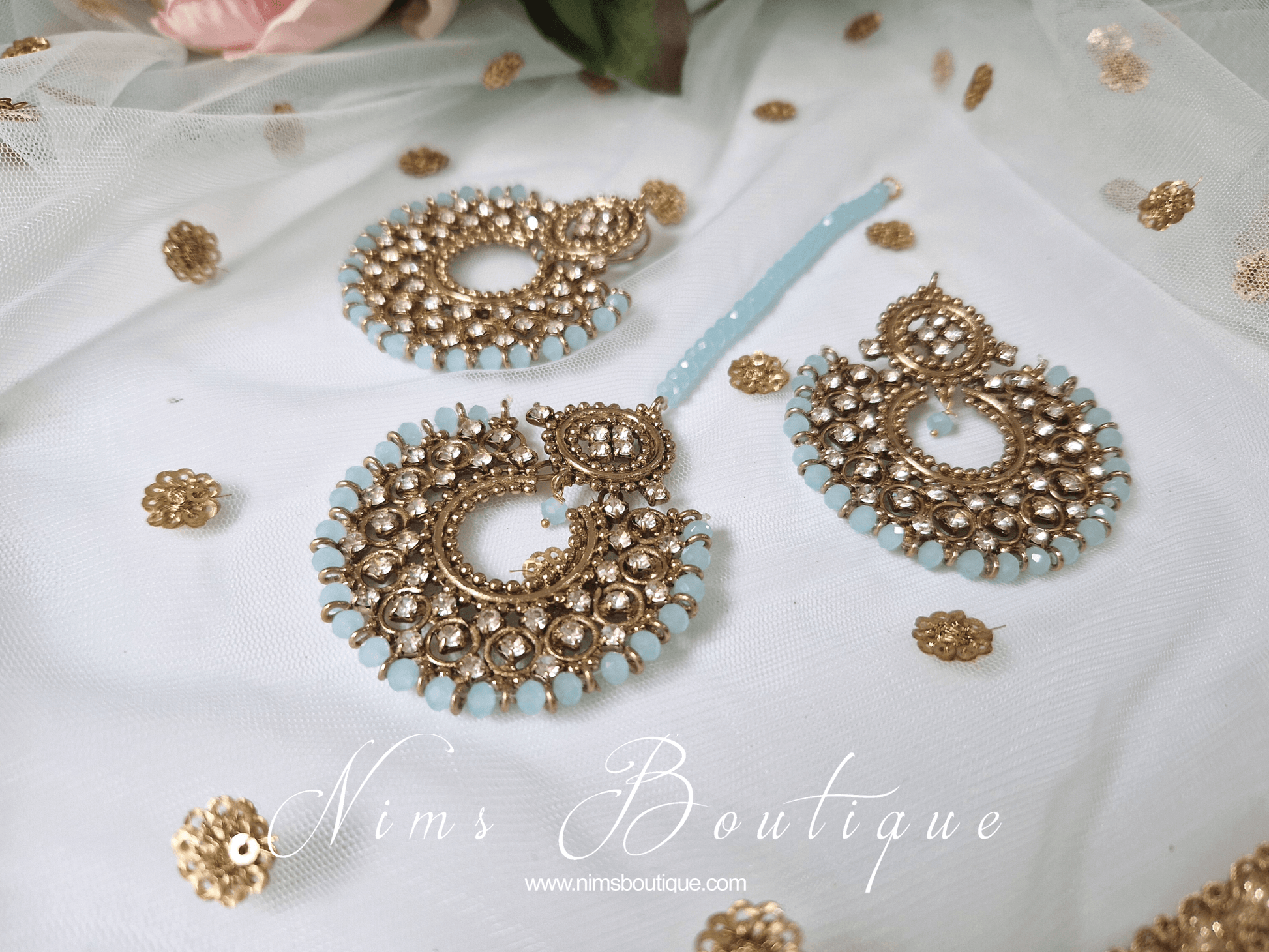 Nims Boutique Royal Antique Gold & Light Blue Chand Tikka Set 6cm