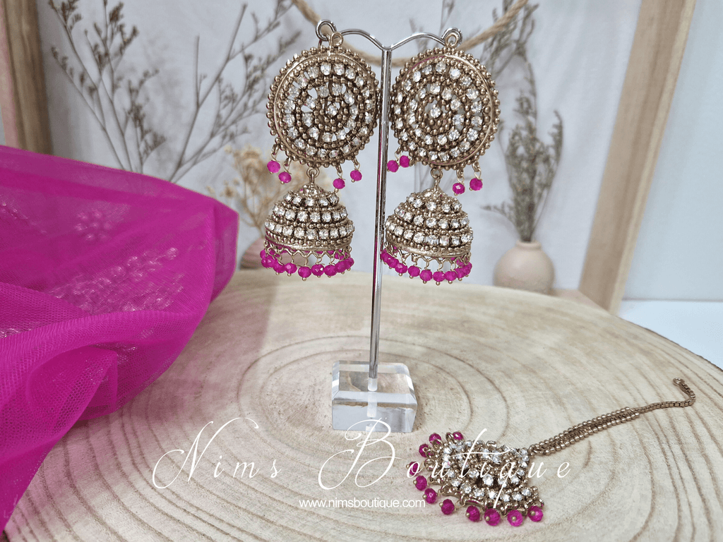 Nims Boutique Royal Antique Gold & Hot Pink Tikka Set