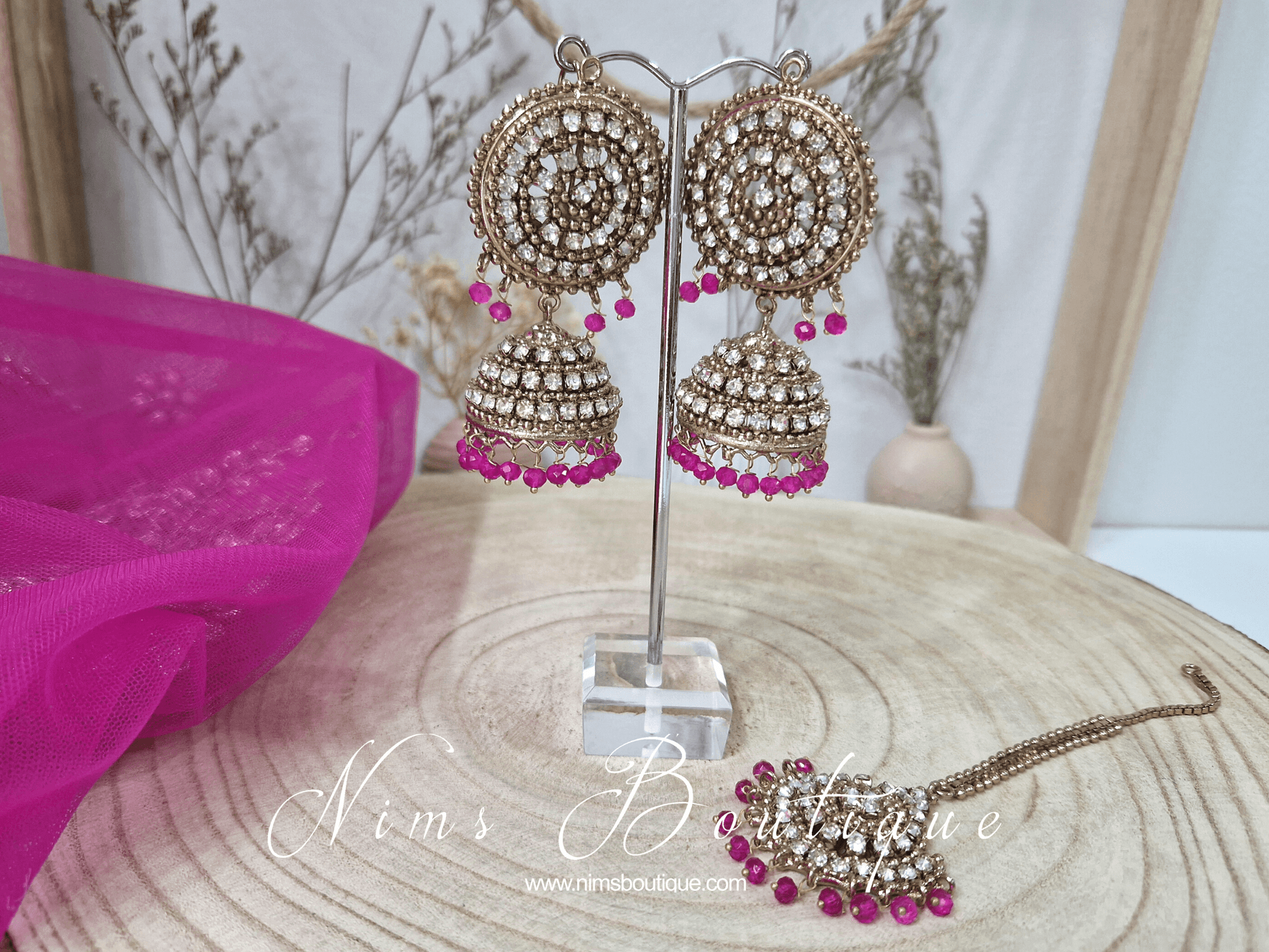 Nims Boutique Royal Antique Gold & Hot Pink Tikka Set