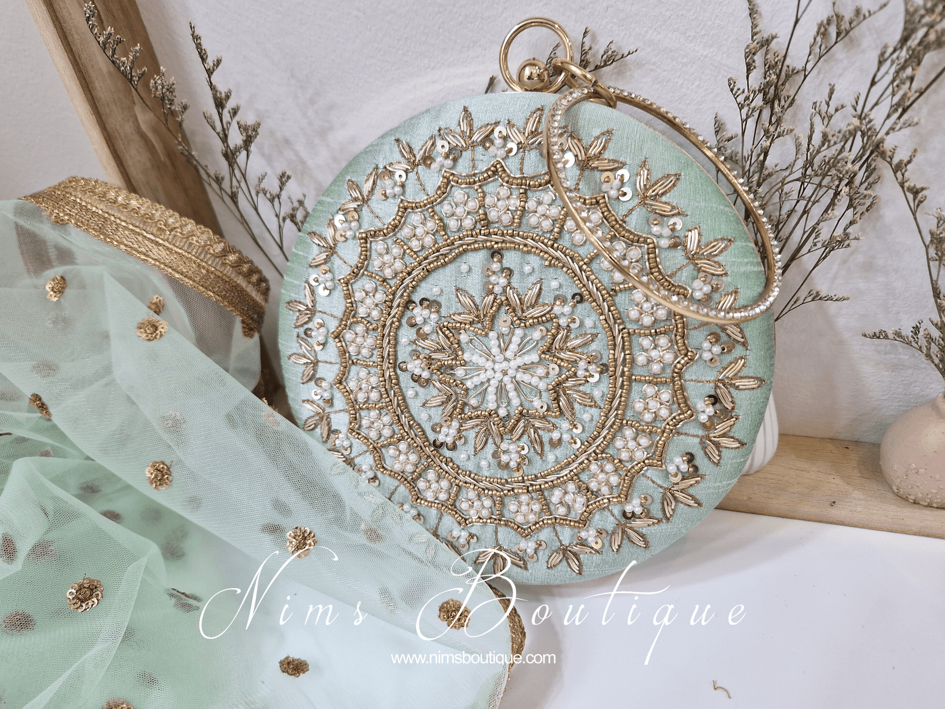 Nims Boutique Large Round Mint Green & Pearl Clutch Bag