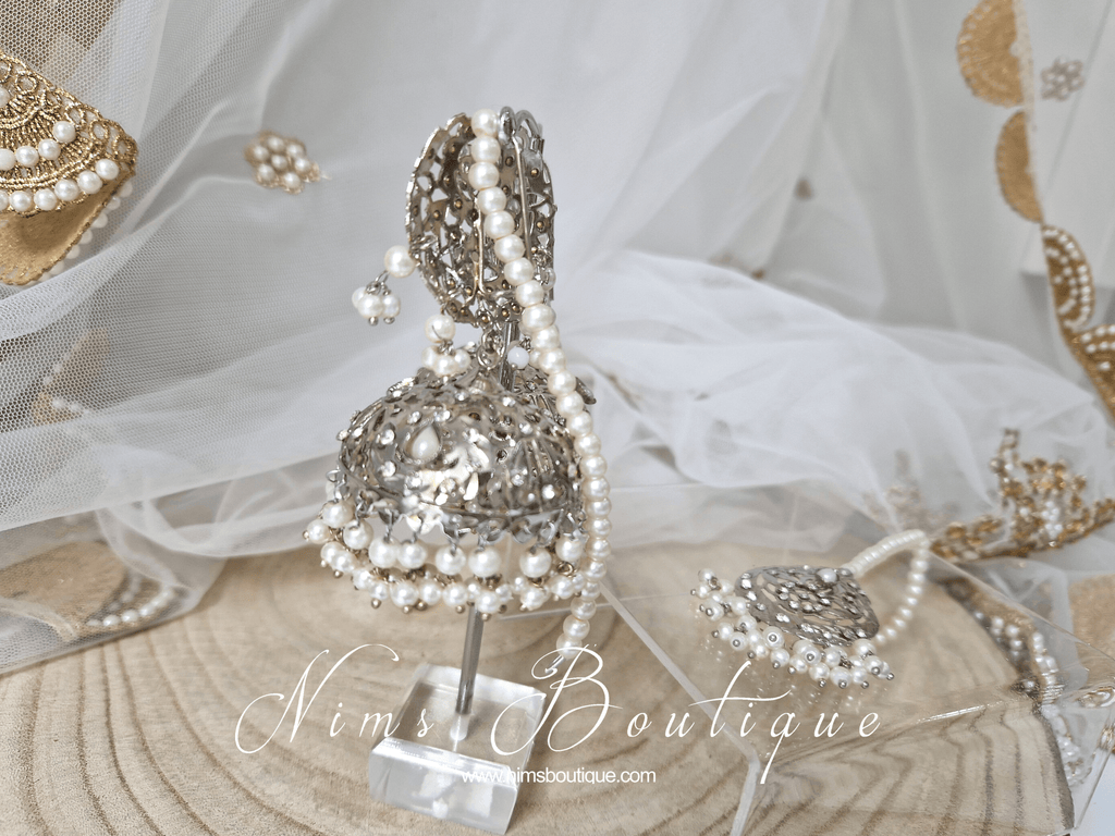 Nims Boutique Mughal Silver & Pearl Earrings & Tikka Set