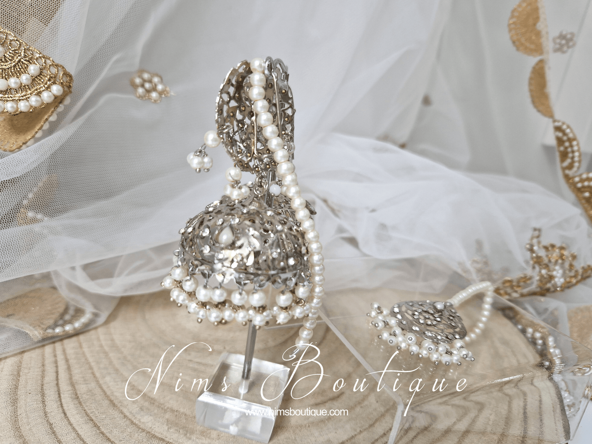 Nims Boutique Mughal Silver & Pearl Earrings & Tikka Set