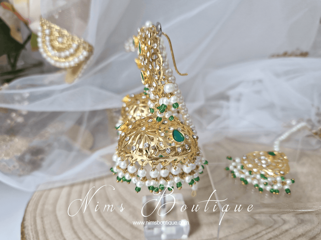 Nims Boutique Mughal Gold & Green Earrings & Tikka Set