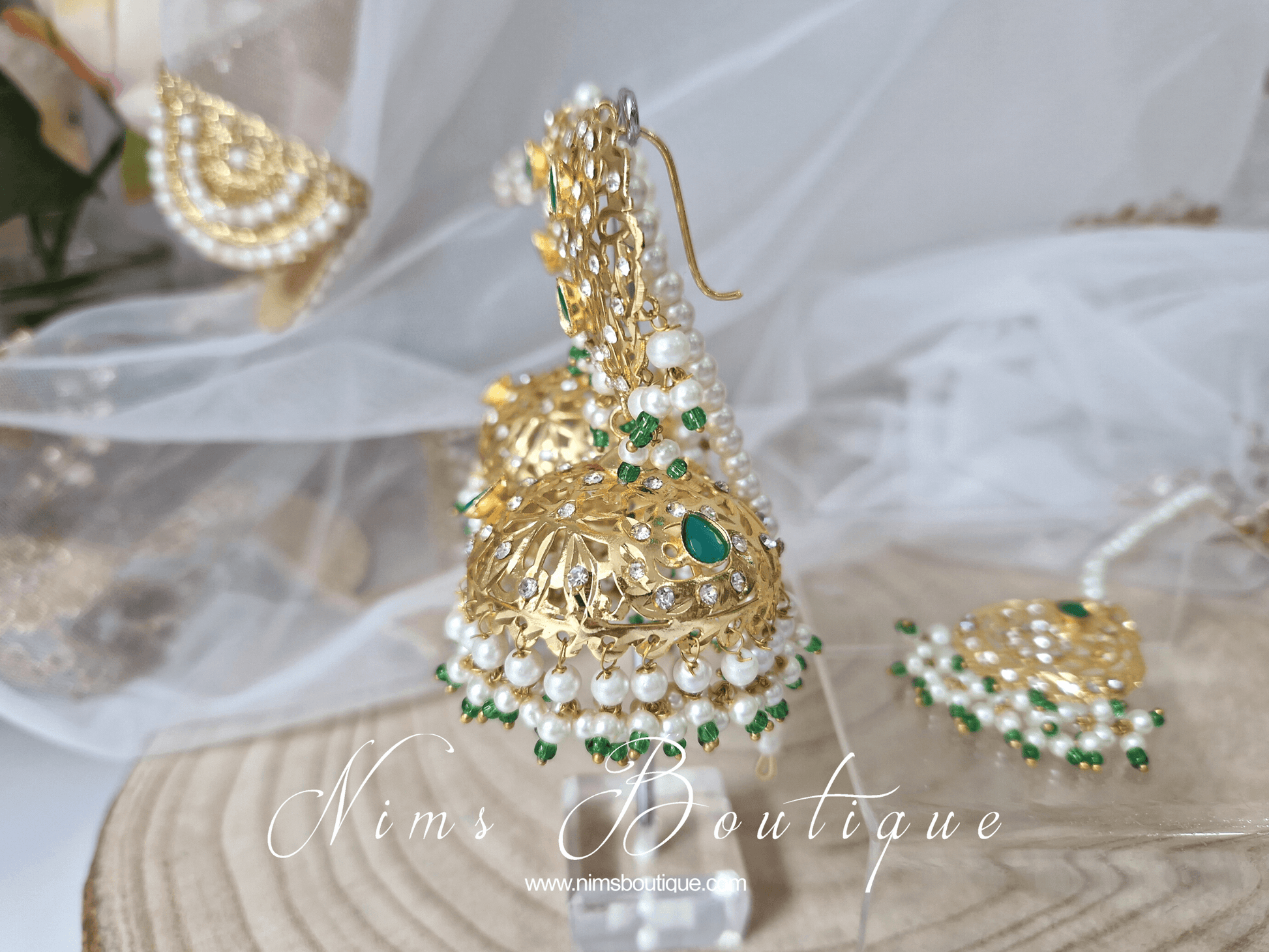 Nims Boutique Mughal Gold & Green Earrings & Tikka Set