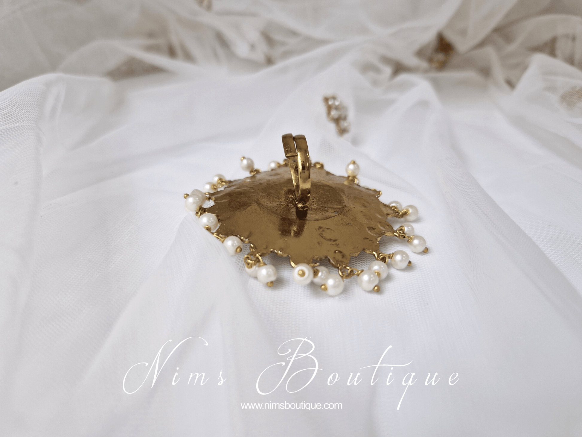 Nims Boutique Large Statement Royal Gold & Pearl Mirror Ring