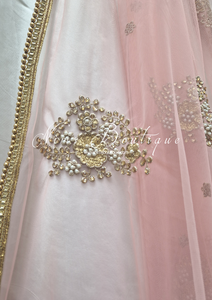Peach Net Pearl Embellished Dupatta/Chunni with Gold Bead Edging (GB1)