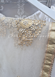 Oyster White Net Pearl Embellished Dupatta/Chunni with Gold Border