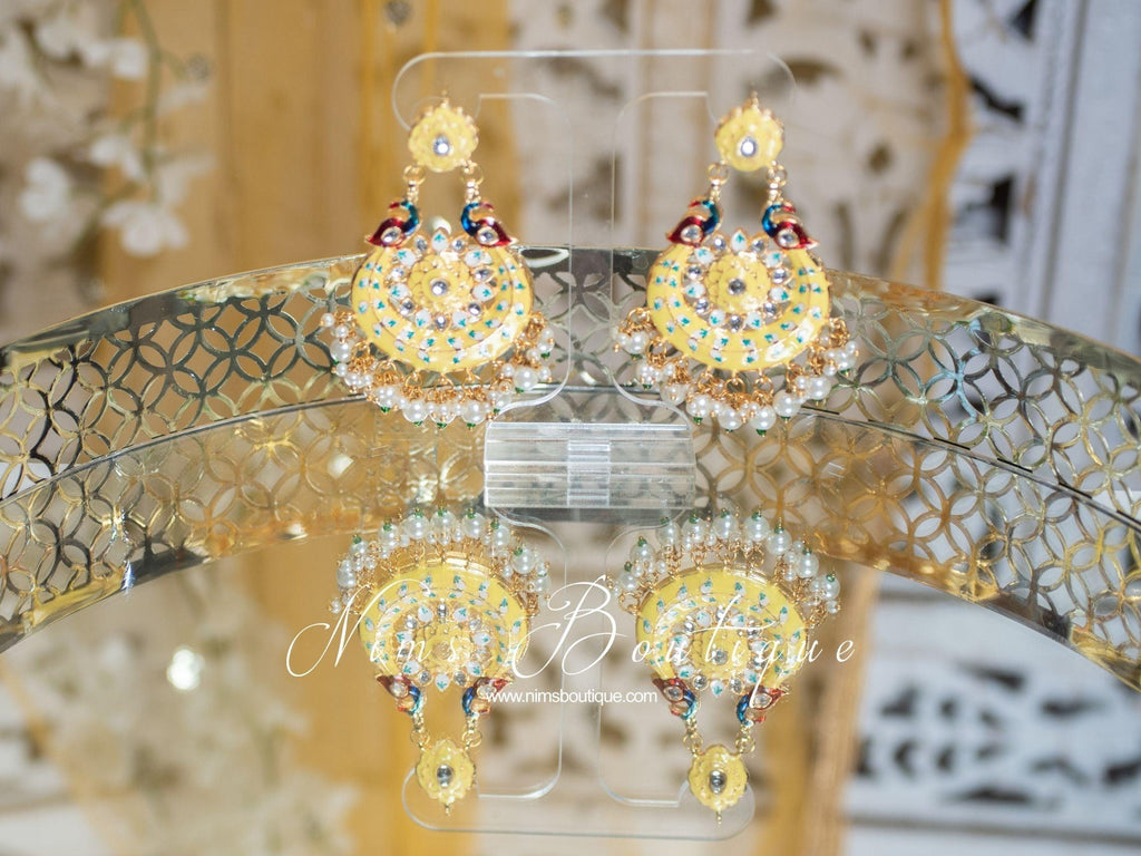 Nims Boutique Moorni Lemon Yellow Meenakari Peacock Earrings