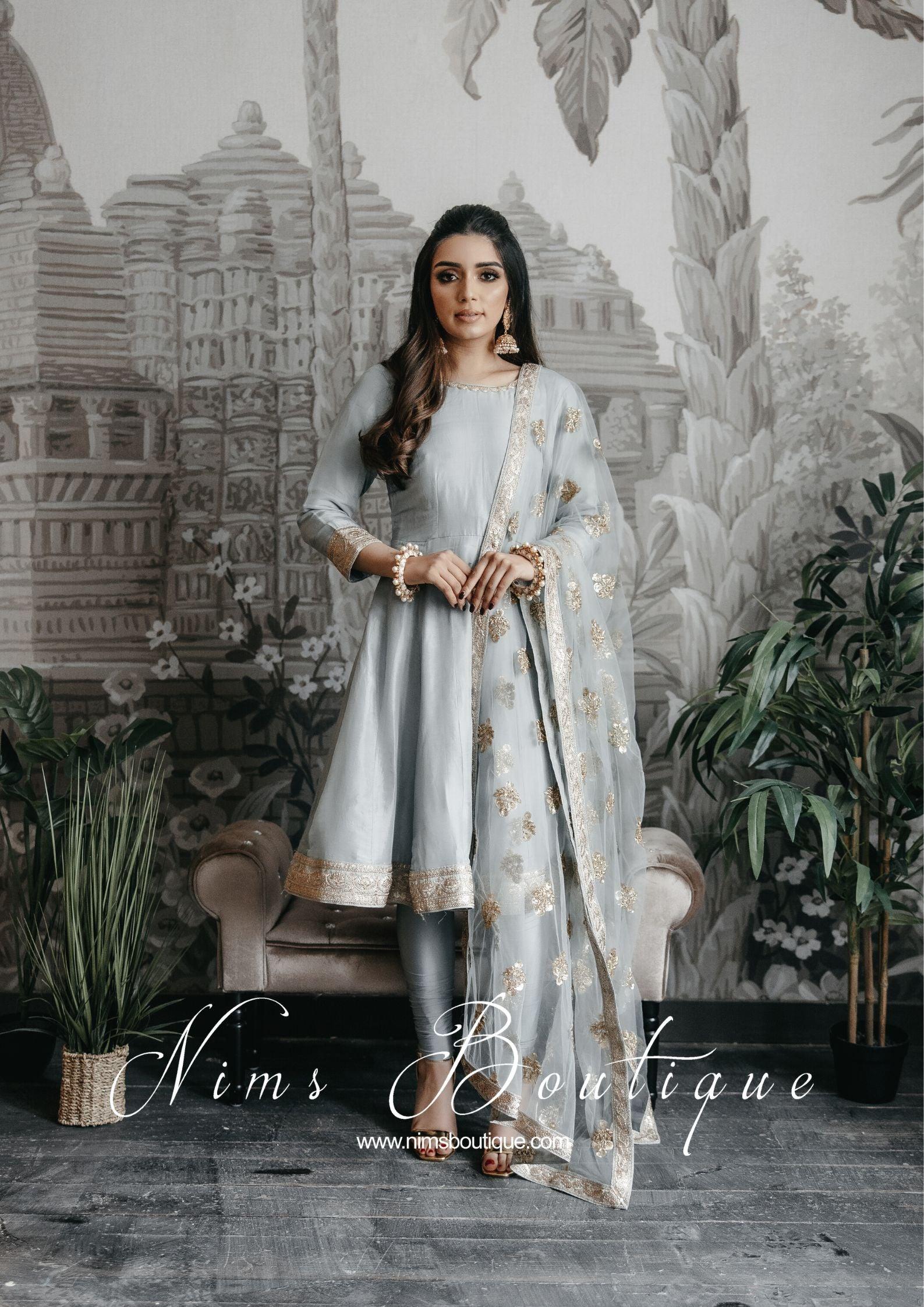 Nims Boutique Rashmi Luxury Grey Silk Anarkali Suit with Pajami size 6-8