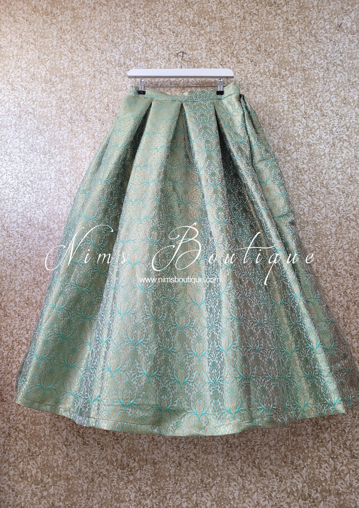 Limited Edition Mint & Gold Brocade Leaf Design Lehnga Skirt
