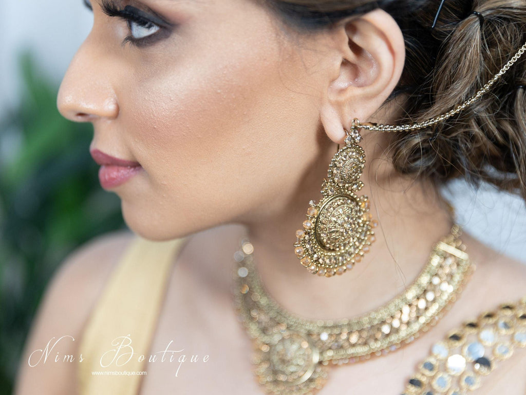 Nims Boutique Small Royal Antique Gold & Gold Stone set with earring chains