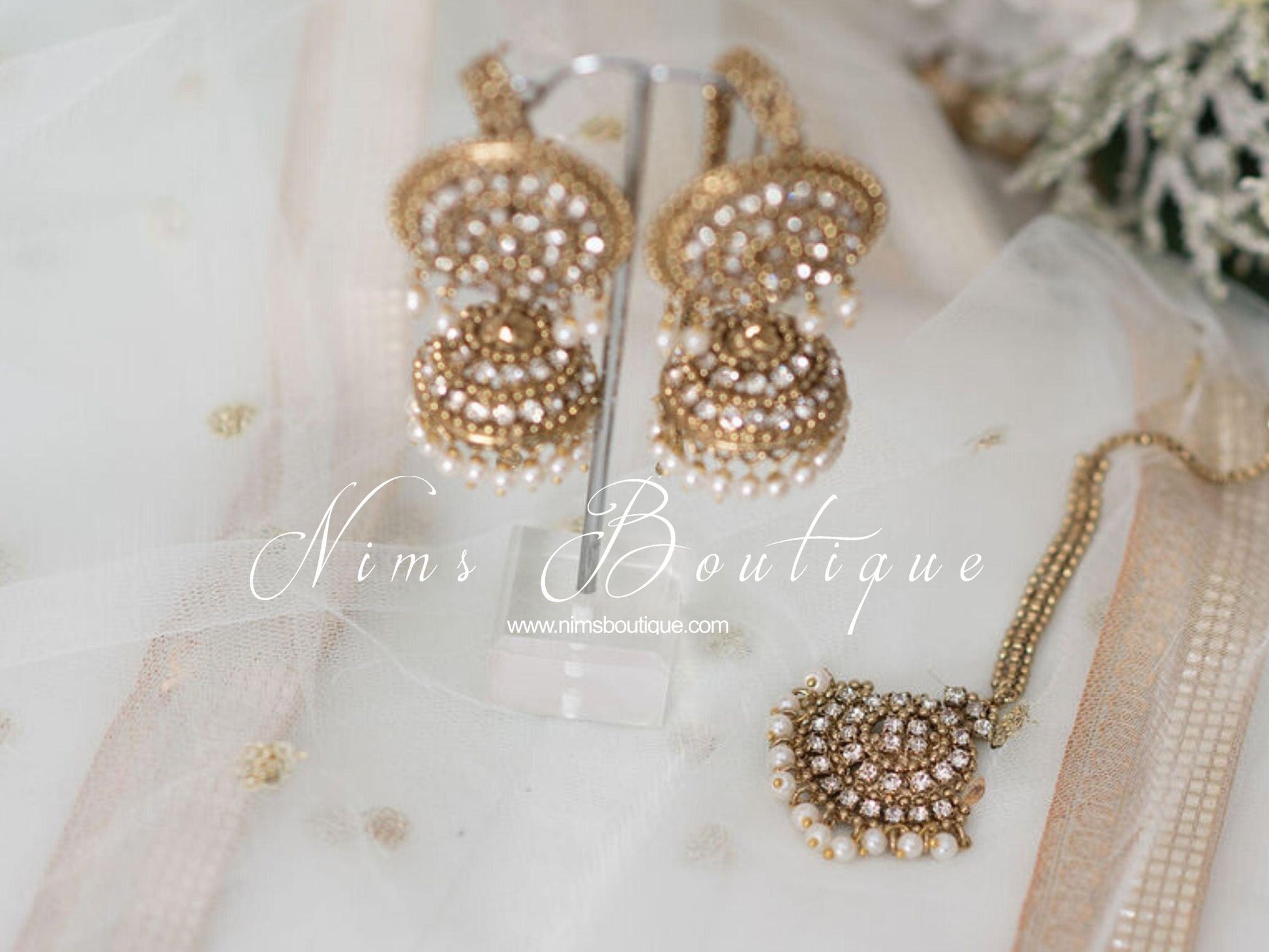Nims Boutique Royal Antique Gold & Pearl Chumke & Tikka Set with earring chains