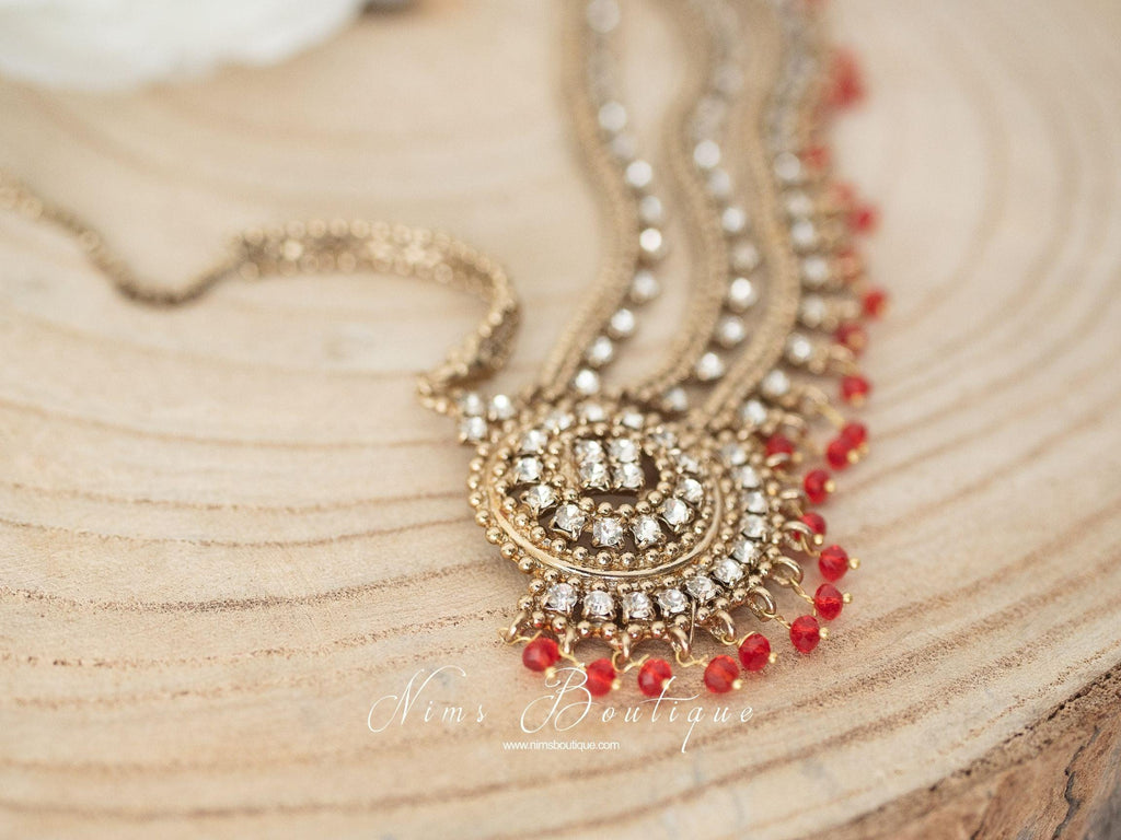 Nims Boutique Royal Antique Gold & Red Headpiece/Matha Patti one side