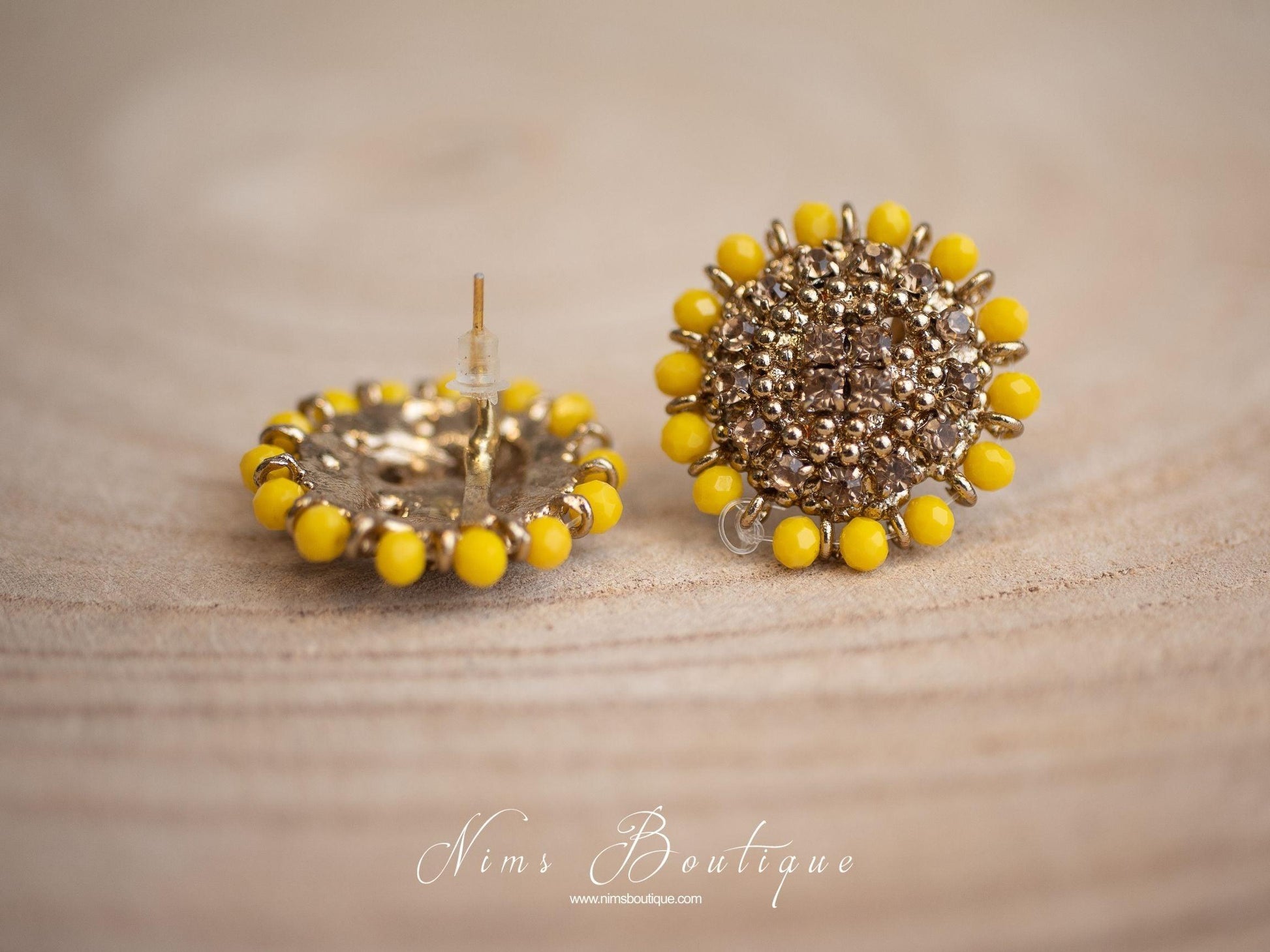 Nims Boutique Royal Dark Yellow & Gold Stone Stud Earrings