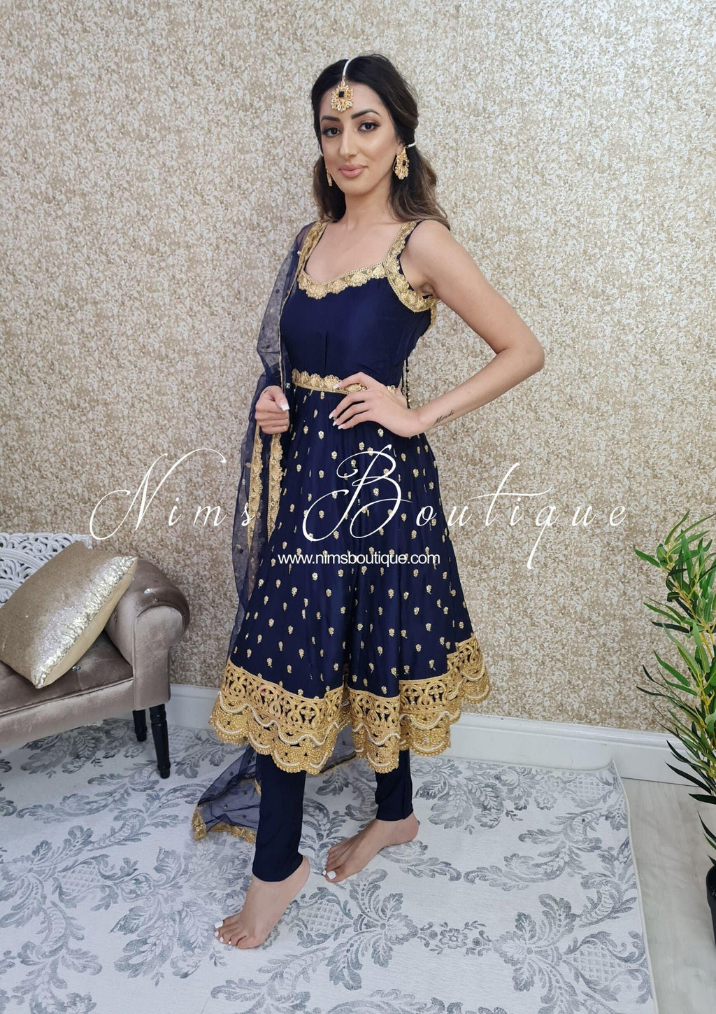 Nims Boutique The NB Luxury Navy Silk Anarkali with Pajami sizes 4-20