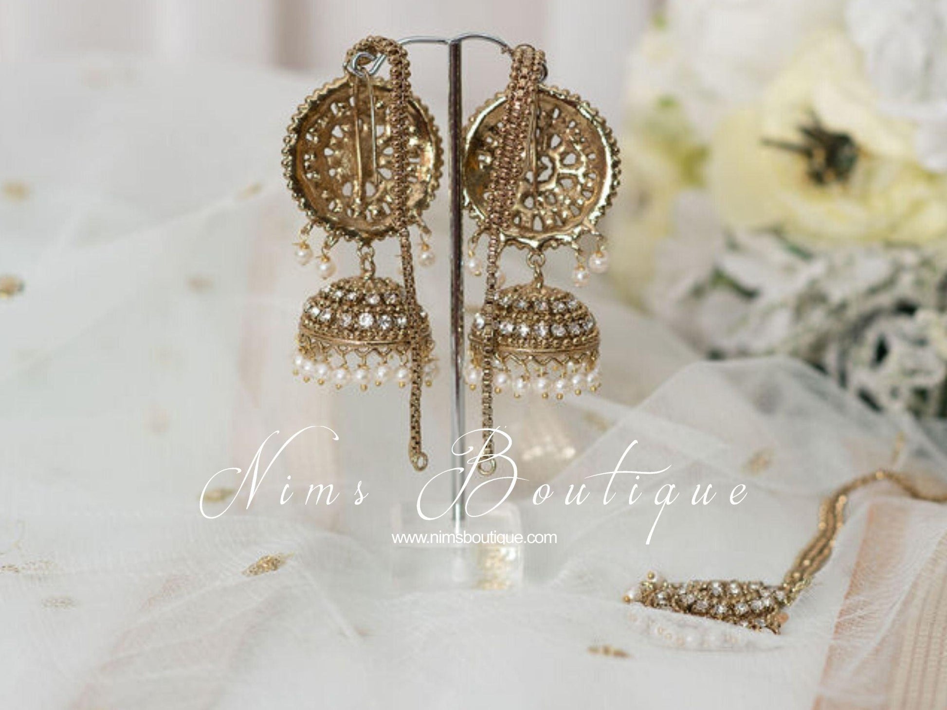 Nims Boutique Royal Antique Gold & Pearl Chumke & Tikka Set with earring chains