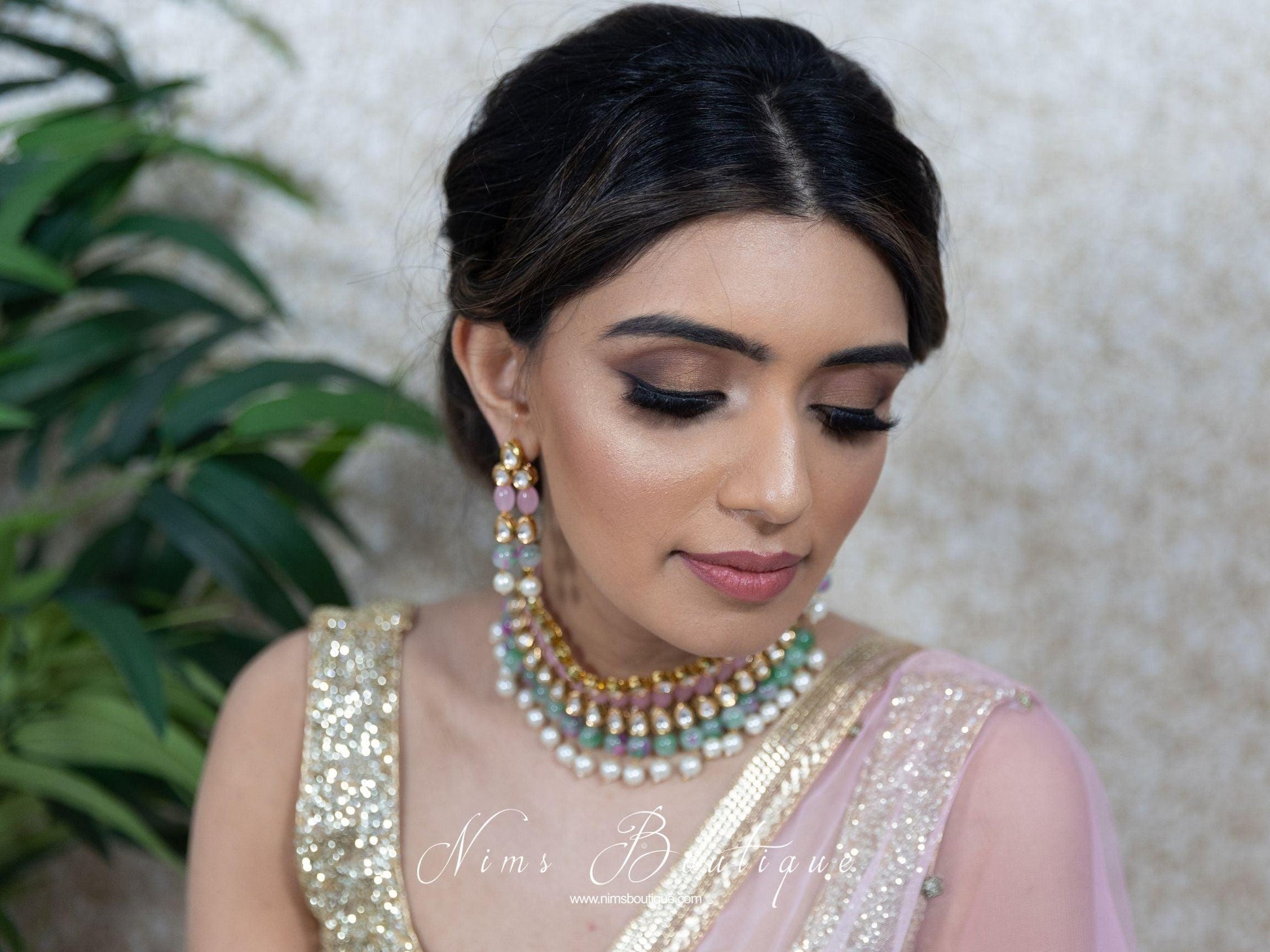 Nims Boutique Pavan Pastel Pink Kundan & Green Floral Bead Choker Set