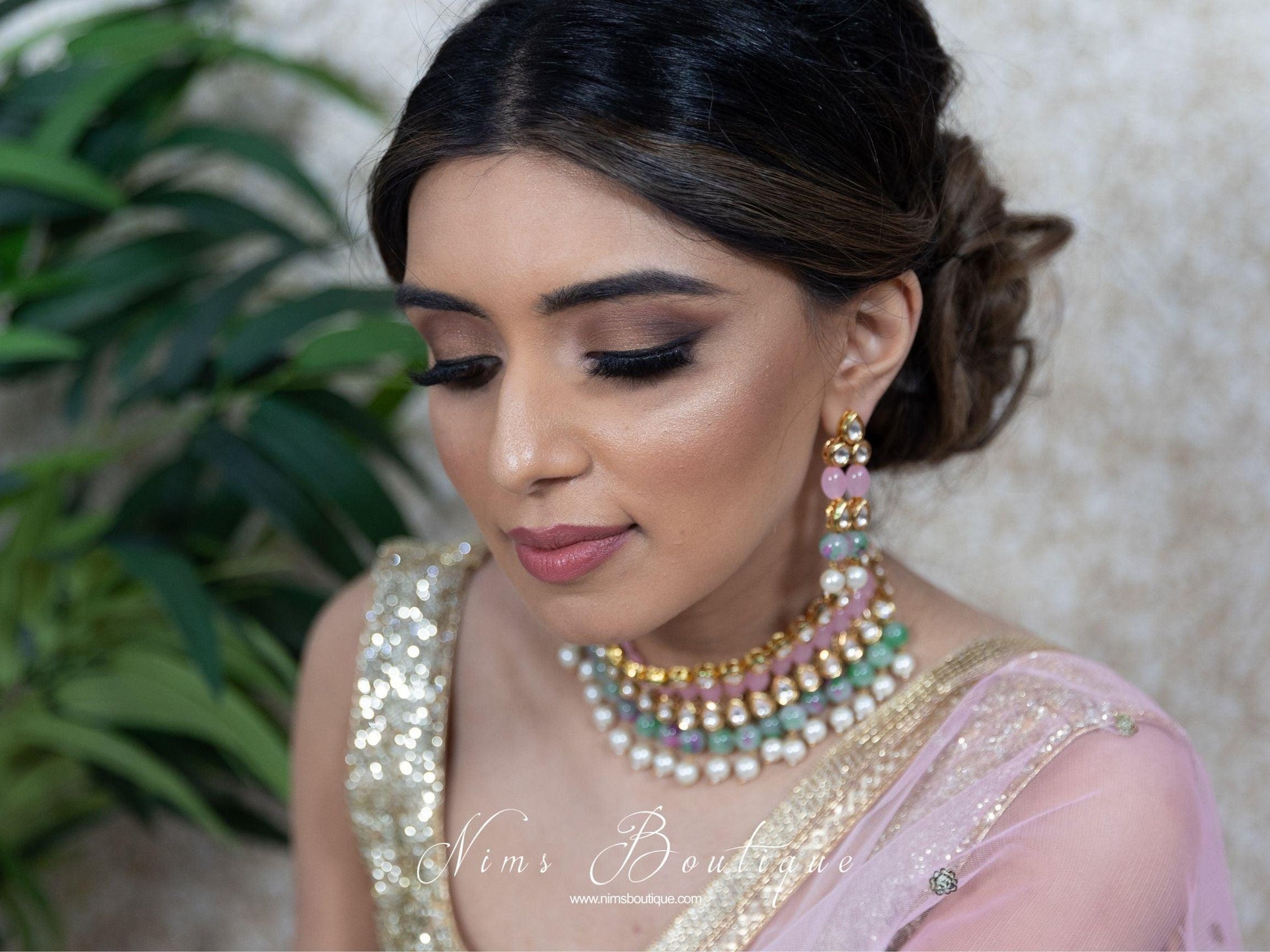 Nims Boutique Pavan Pastel Pink Kundan & Green Floral Bead Choker Set