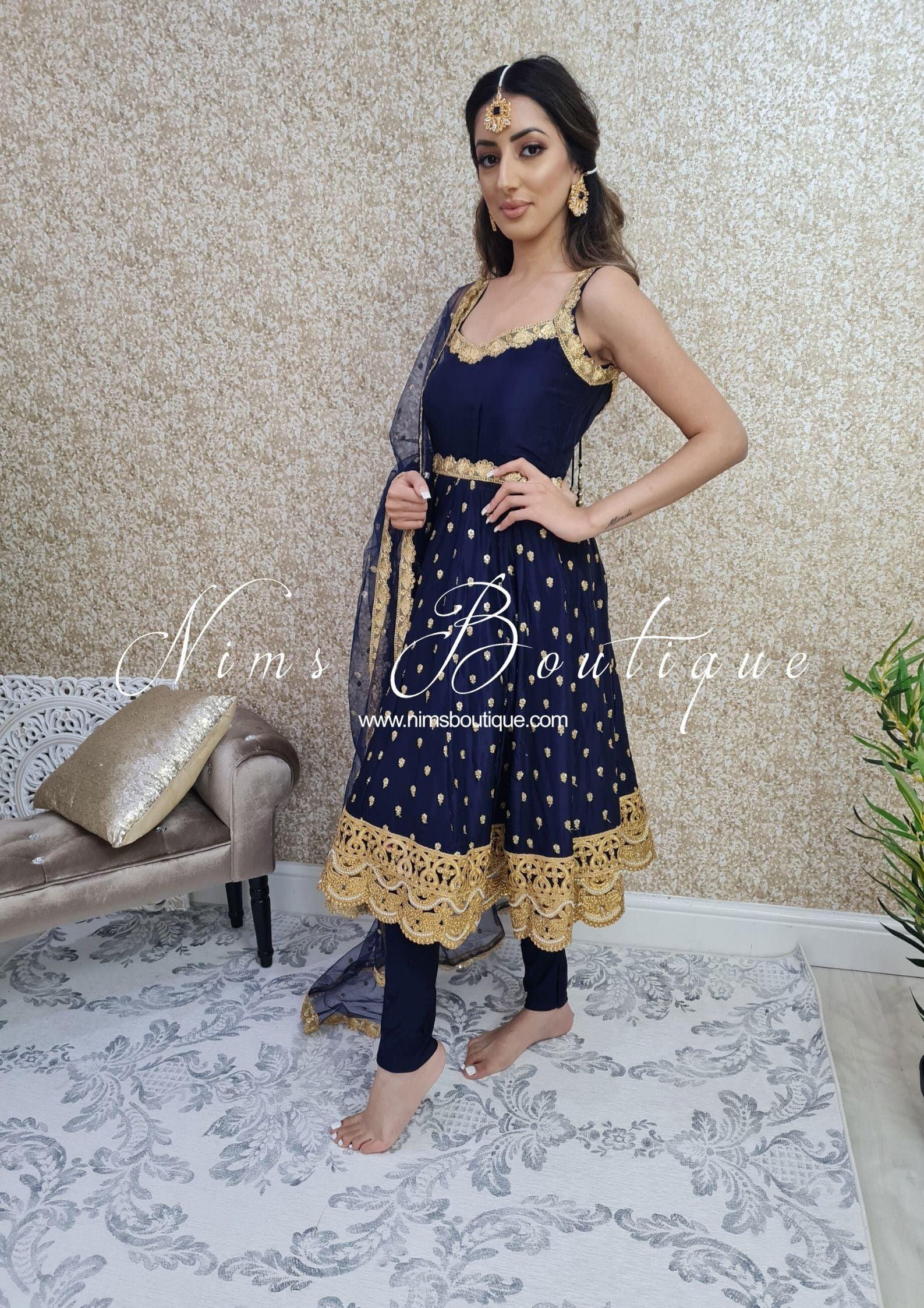 Nims Boutique The NB Luxury Navy Silk Anarkali with Pajami sizes 4-20