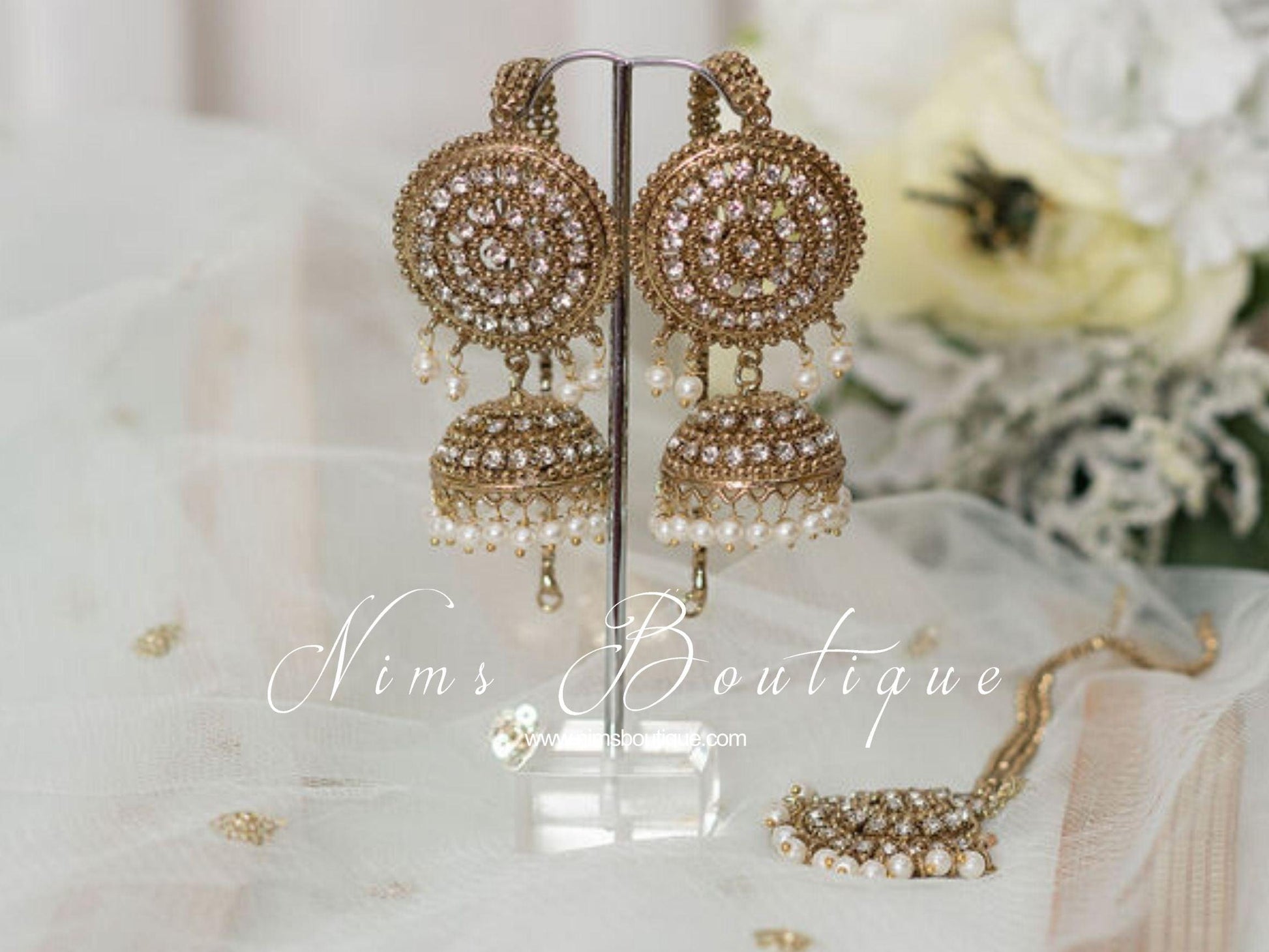 Nims Boutique Royal Antique Gold & Pearl Chumke & Tikka Set with earring chains